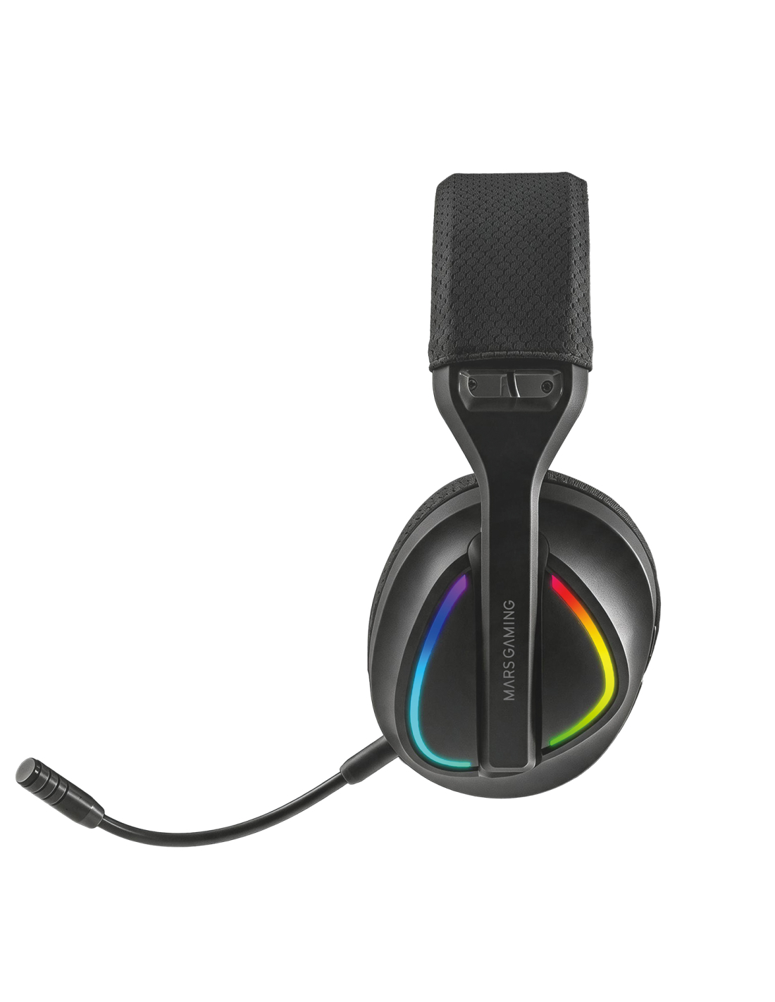Cuffie da gioco nere con microfono e anelli luminosi RGB colorati sui padiglioni su sfondo bianco.