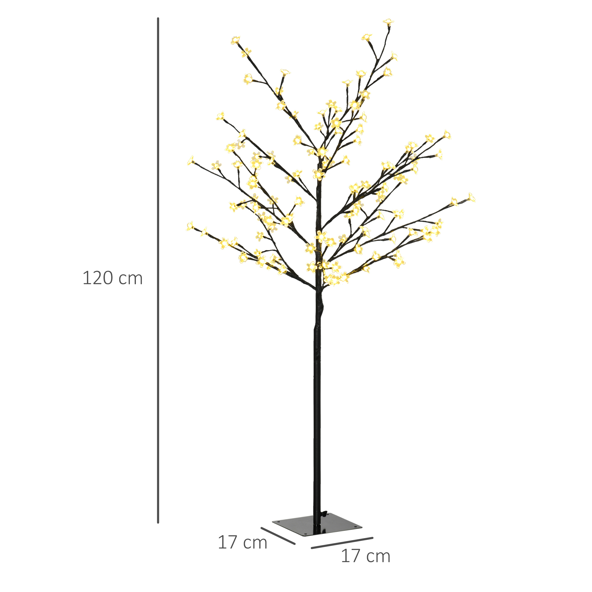 Un árbol de cerezo LED artificial de 120 cm de altura con una base de 17x17 cm.