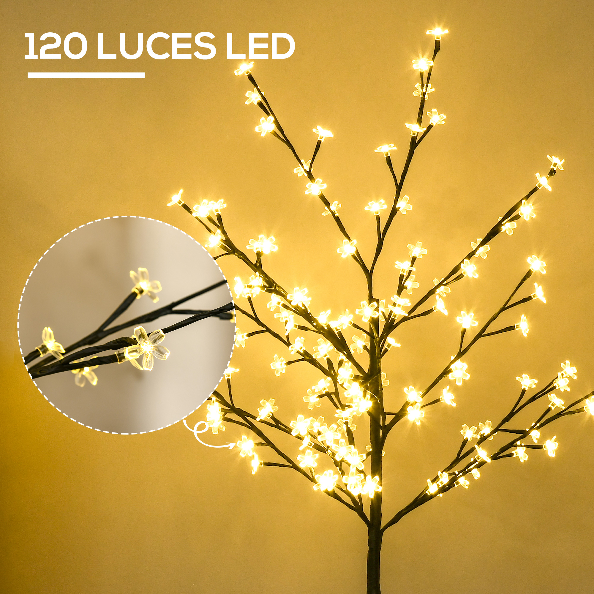 Un árbol decorativo con 120 luces LED en forma de flor y fondo dorado, con un círculo de primer plano.