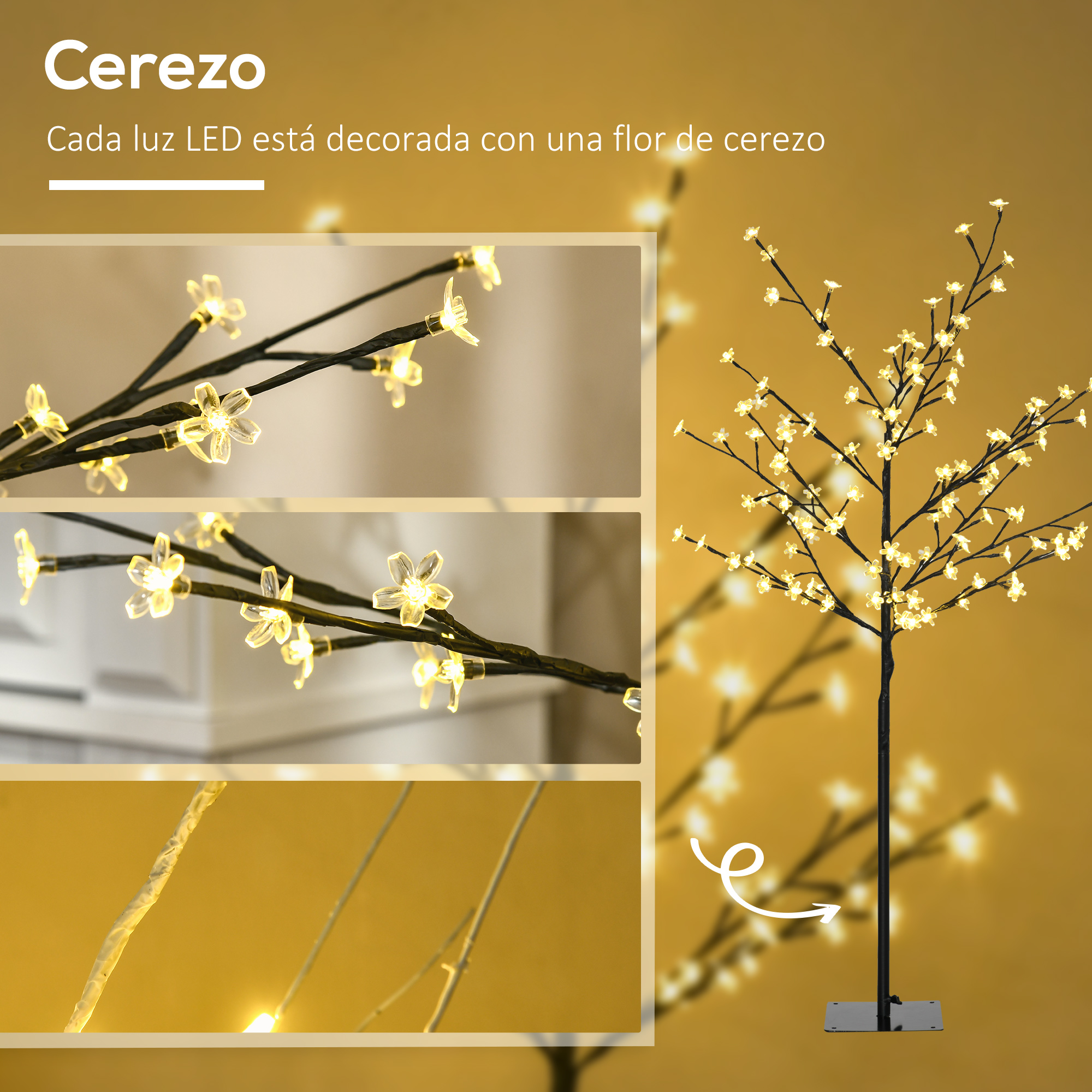 Árbol de cerezo LED iluminado con primeros planos de las luces en forma de flor y el tronco.