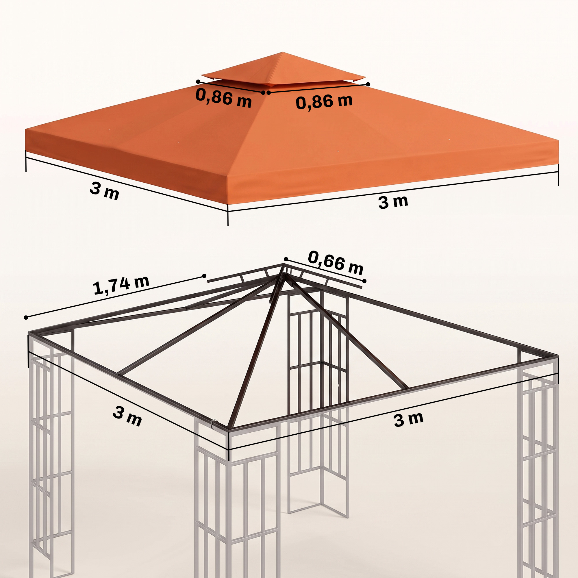 Diagrama que muestra las medidas del techo de una pérgola naranja y su estructura metálica.