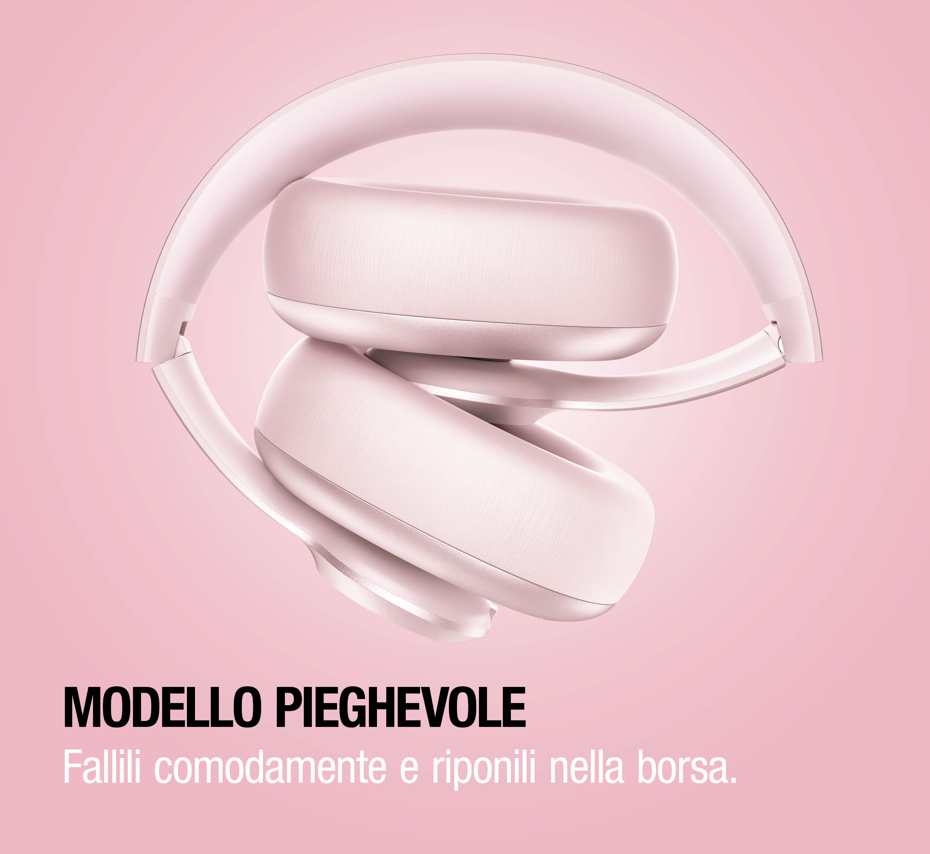 Cuffie rosa pieghevoli fluttuanti su sfondo rosa. Testo in basso.