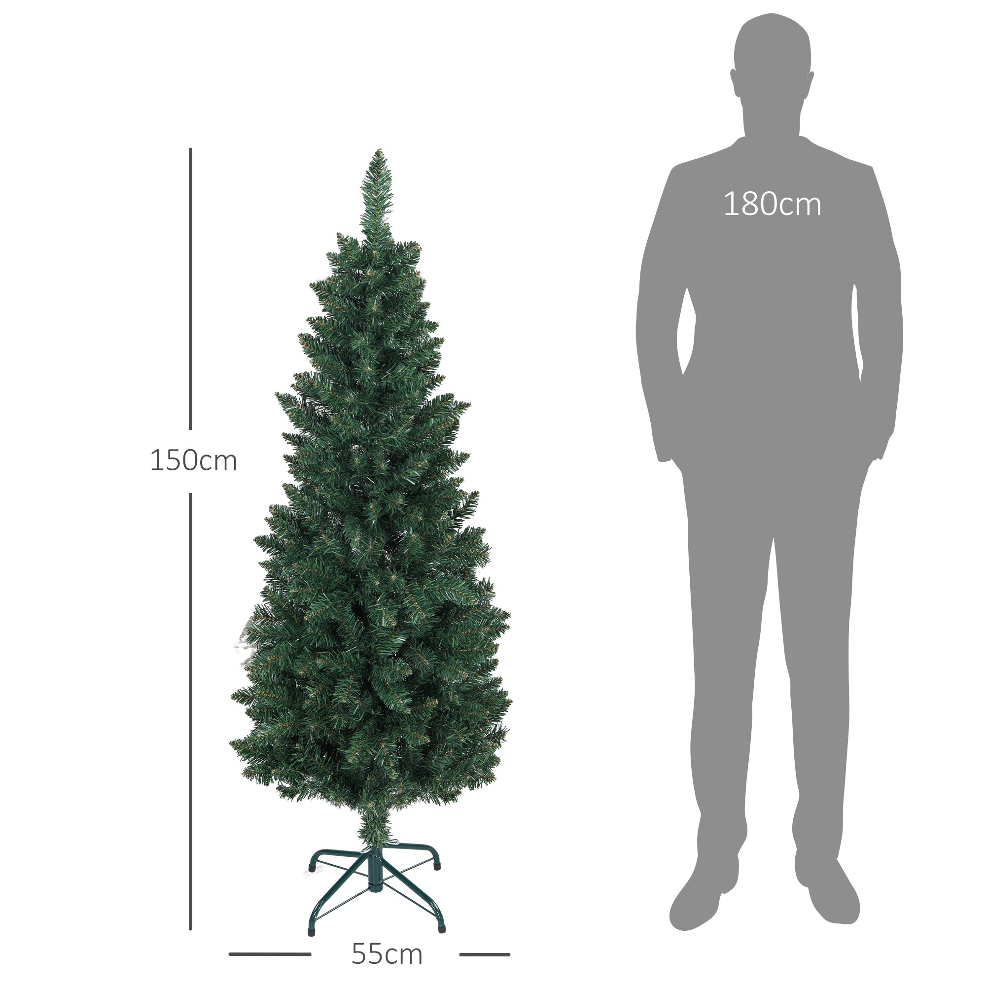 Un árbol de Navidad artificial verde de 150 cm con soporte, junto a una silueta humana gris de 180 cm.