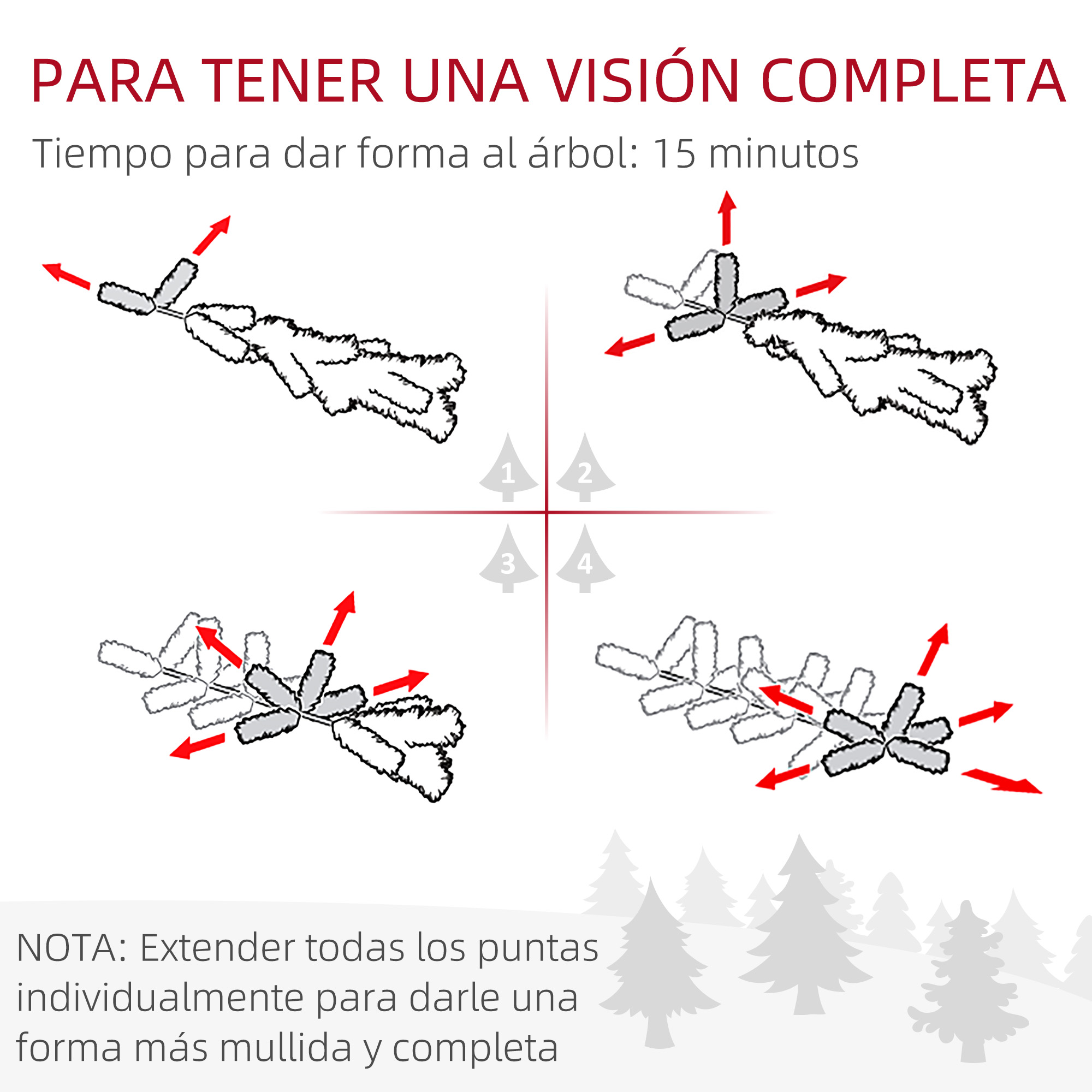Cuatro instrucciones paso a paso sobre cómo dar forma a las ramas de los árboles con flechas rojas.