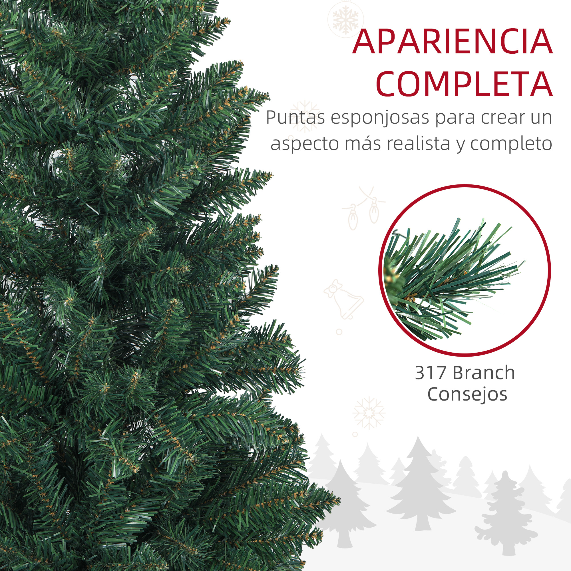 Árbol de navidad artificial verde con 317 ramas y texto.