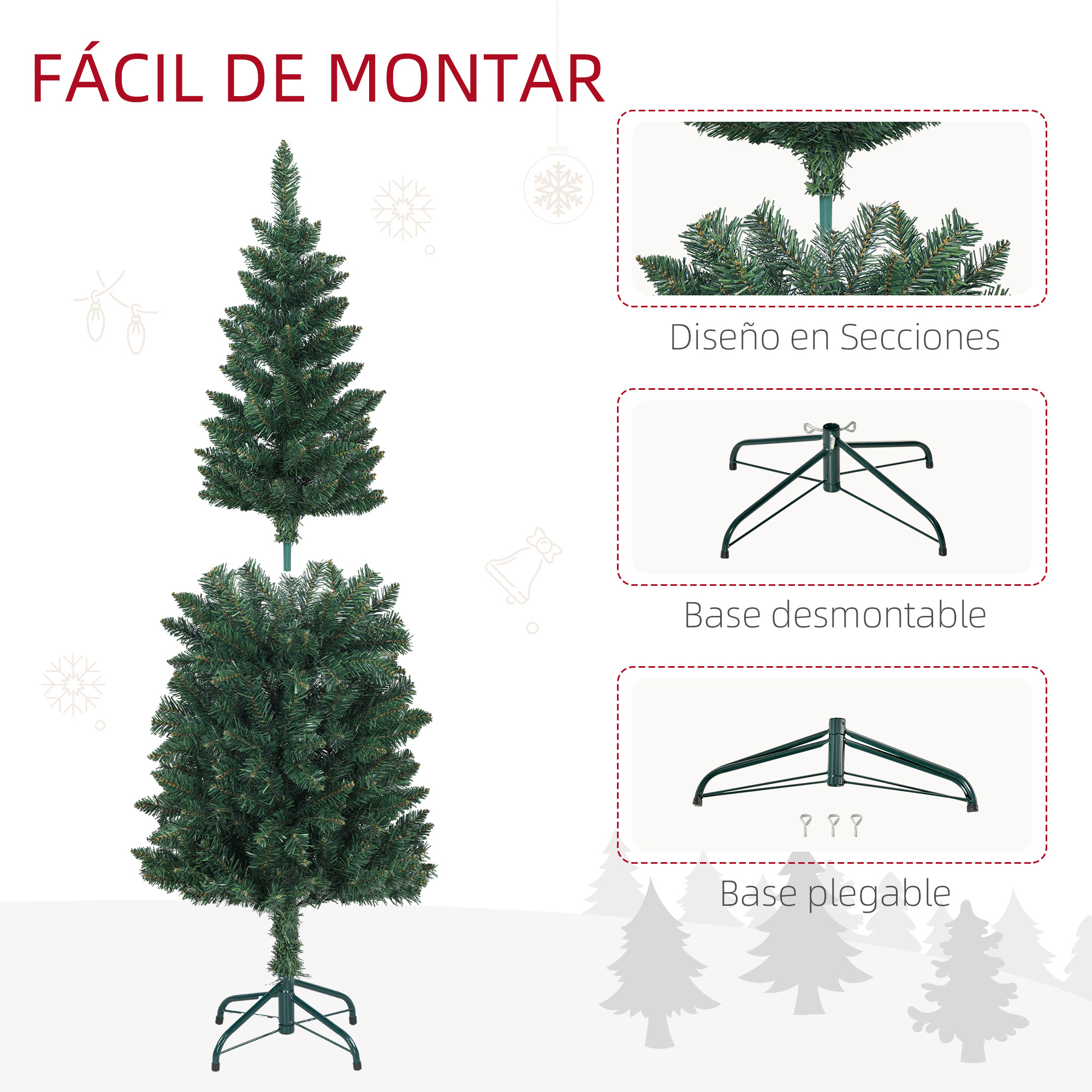 Una imagen muestra el fácil montaje de un árbol de Navidad artificial con diseño en secciones y soporte plegable.