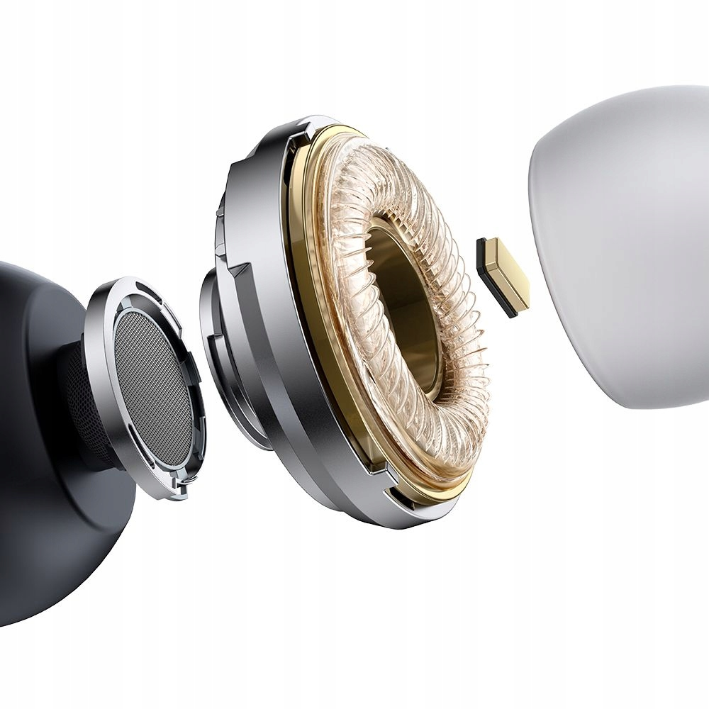 Vista esplosa di un auricolare wireless che mostra componenti interni, membrana dorata e custodia.