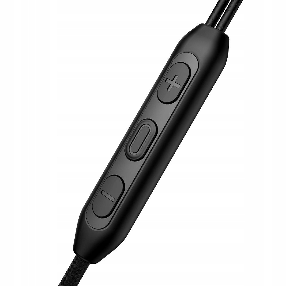Un telecomando in linea nero per cuffie, con pulsanti per volume e riproduzione.