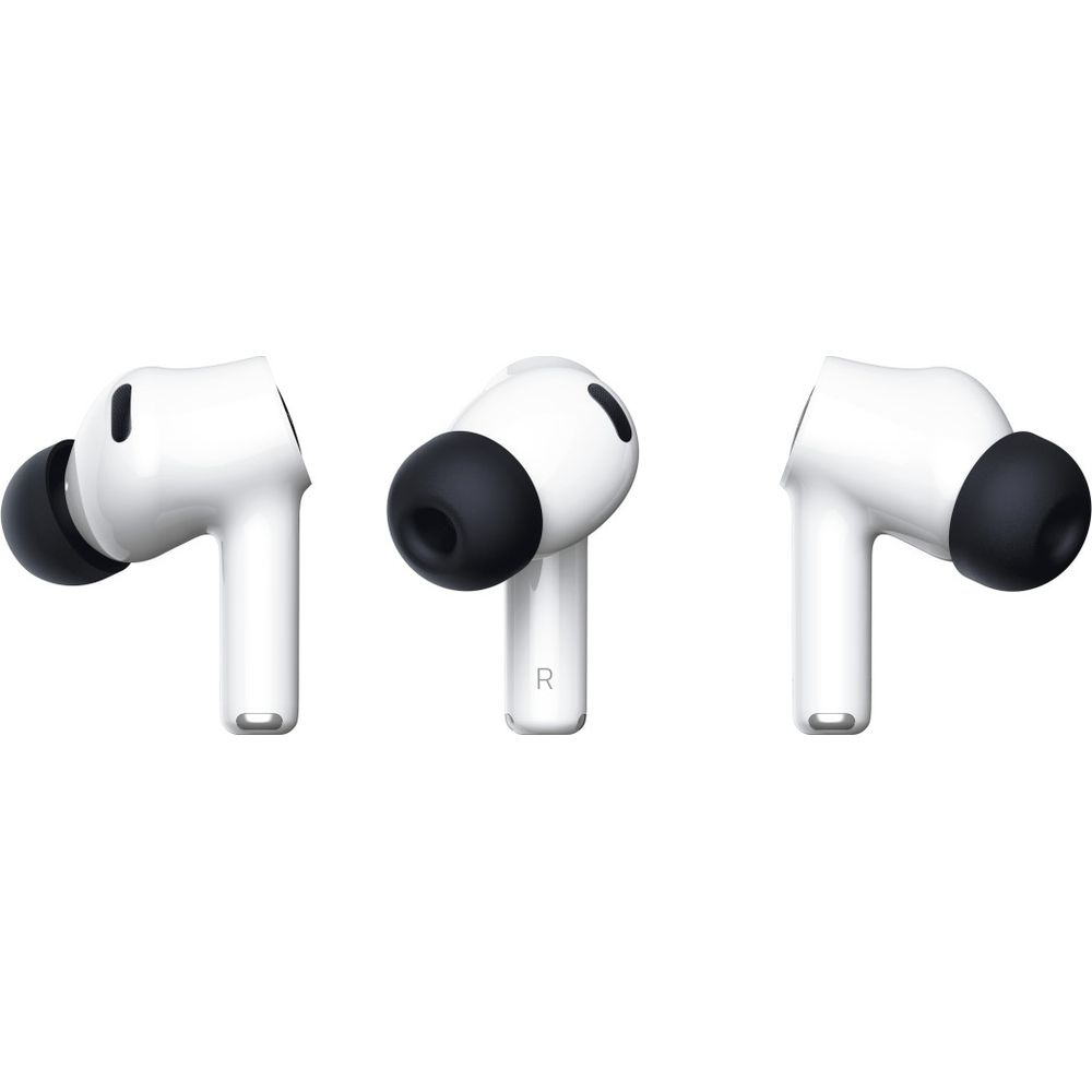 Tre auricolari in-ear wireless bianchi con gommini in silicone nero su sfondo neutro.