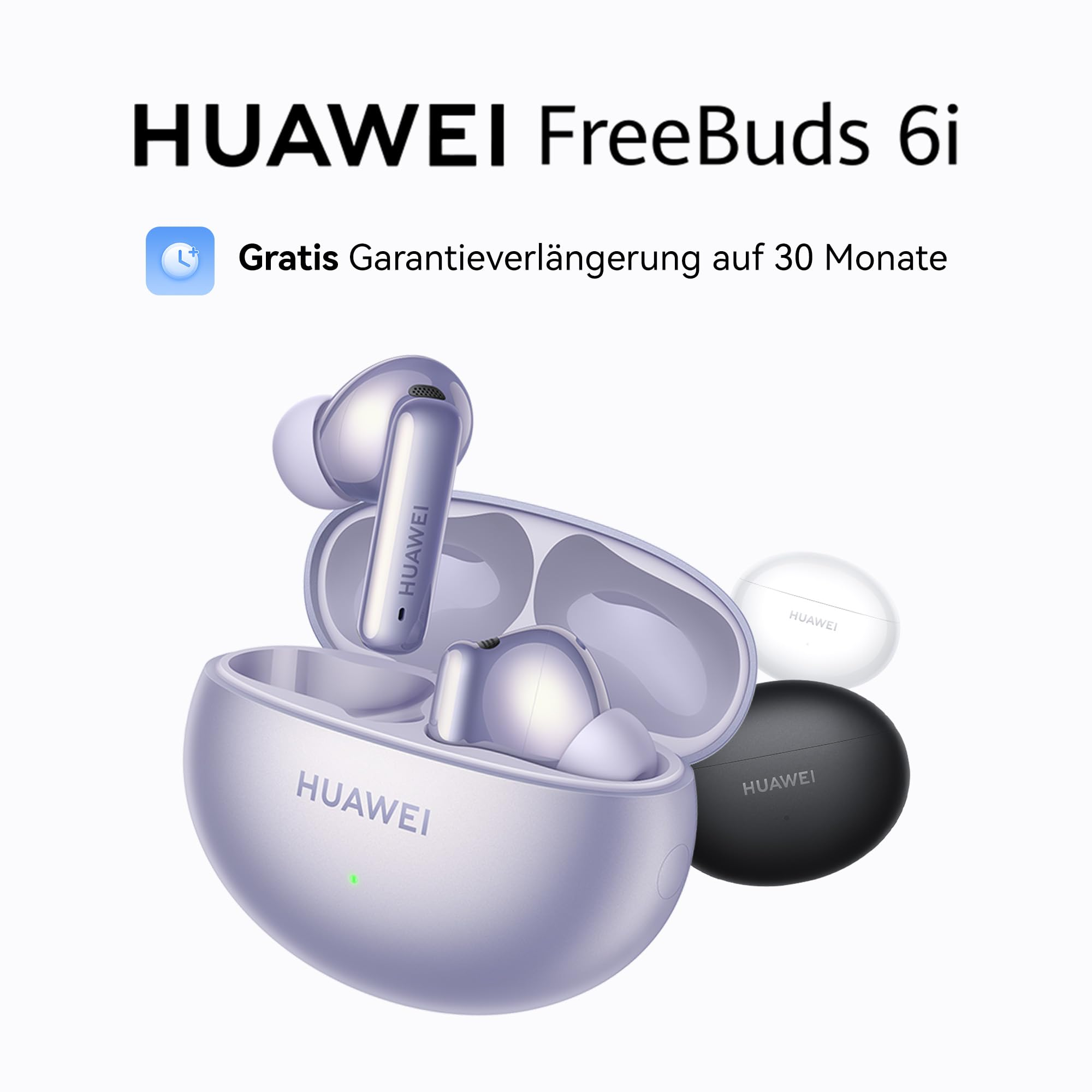 Huawei FreeBuds 6i viola con custodia di ricarica e custodie bianca e nera sullo sfondo.