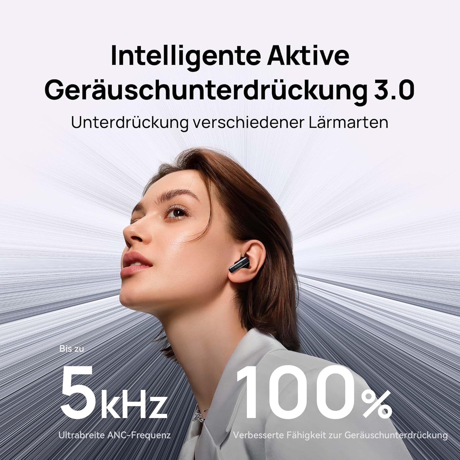 Una donna indossa auricolari neri su uno sfondo astratto con testo in tedesco.