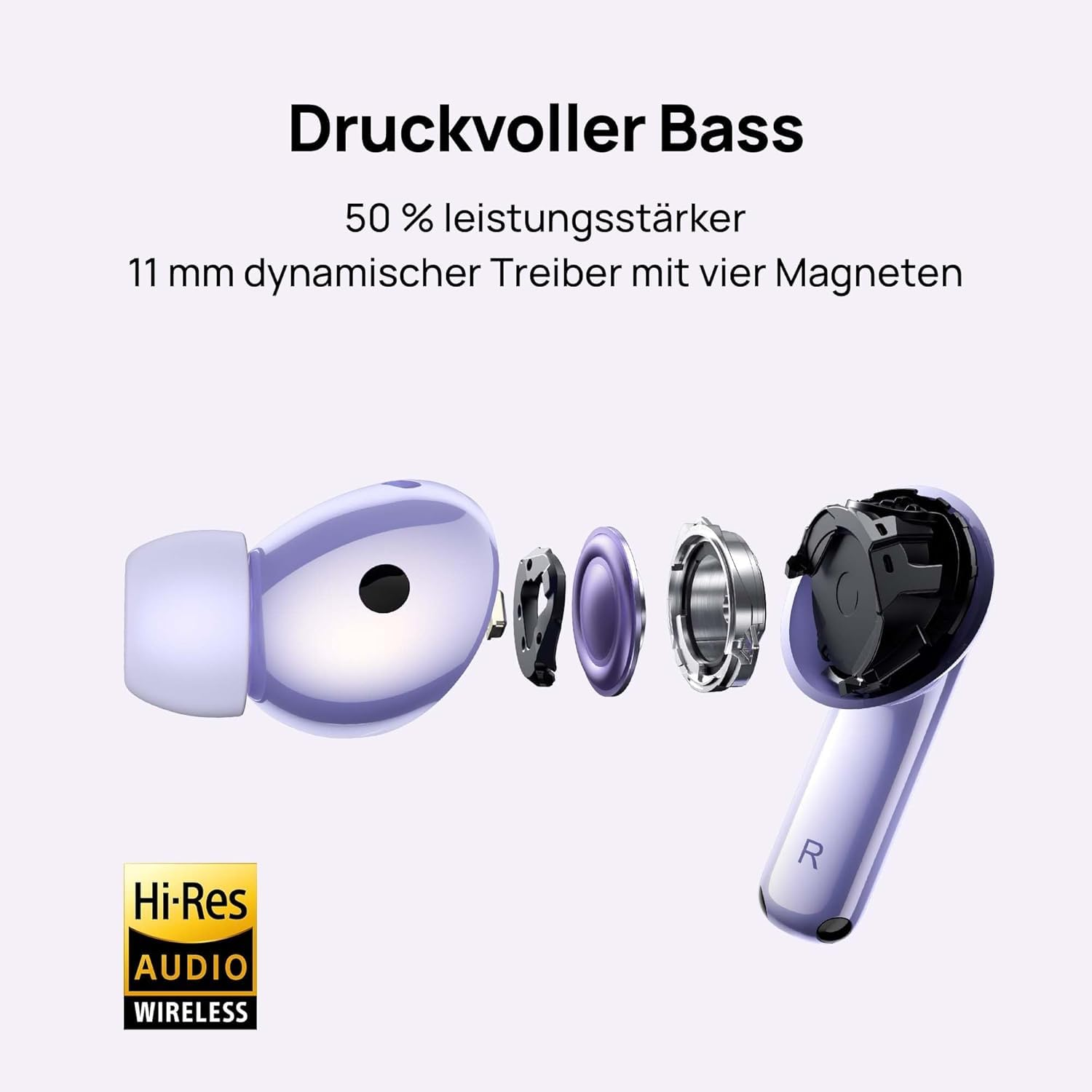 Vista esplosa di auricolari wireless viola con testo sui bassi potenti e logo Hi-Res Audio.
