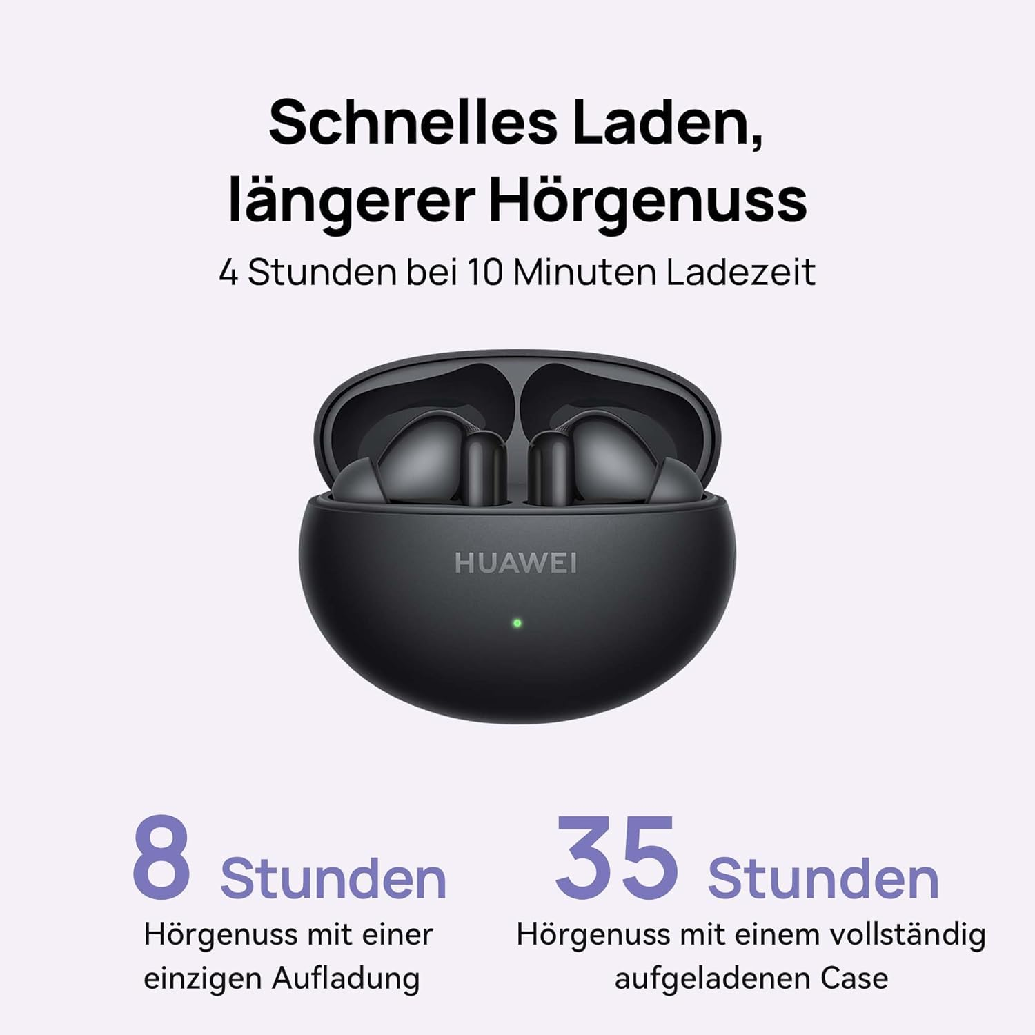 Un annuncio per auricolari wireless Huawei con dettagli sulla batteria e testo promozionale in tedesco.