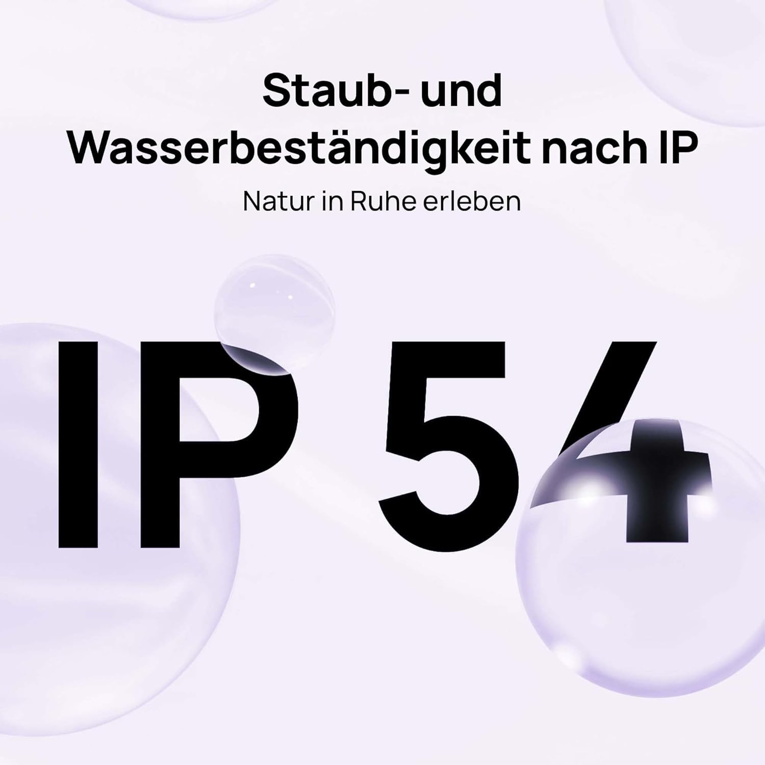 Grafica promozionale con IP 54 e testo sulla resistenza a polvere e acqua su sfondo con bolle viola chiaro.