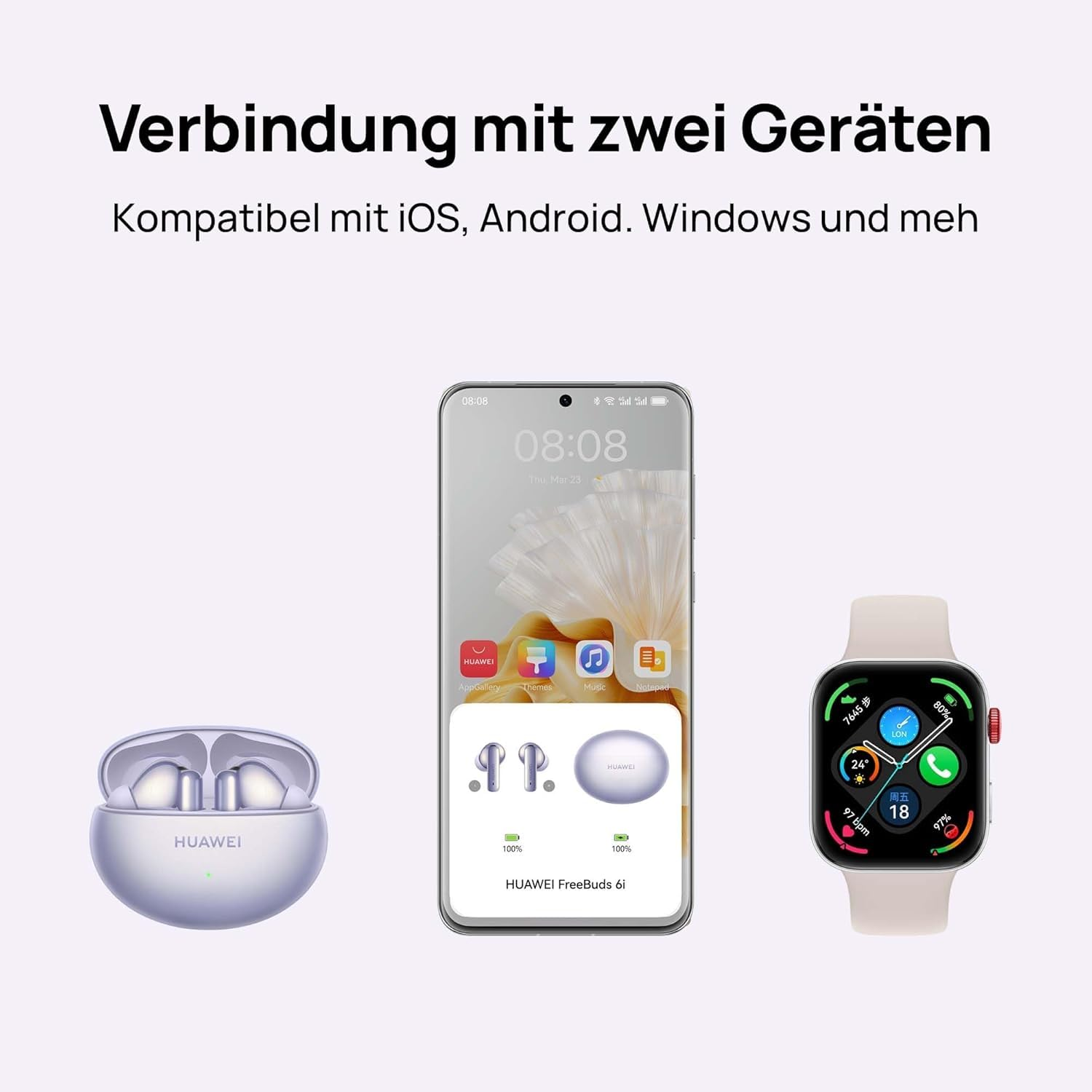 Huawei FreeBuds 6i, smartphone e smartwatch mostrano la connettività su sfondo chiaro.
