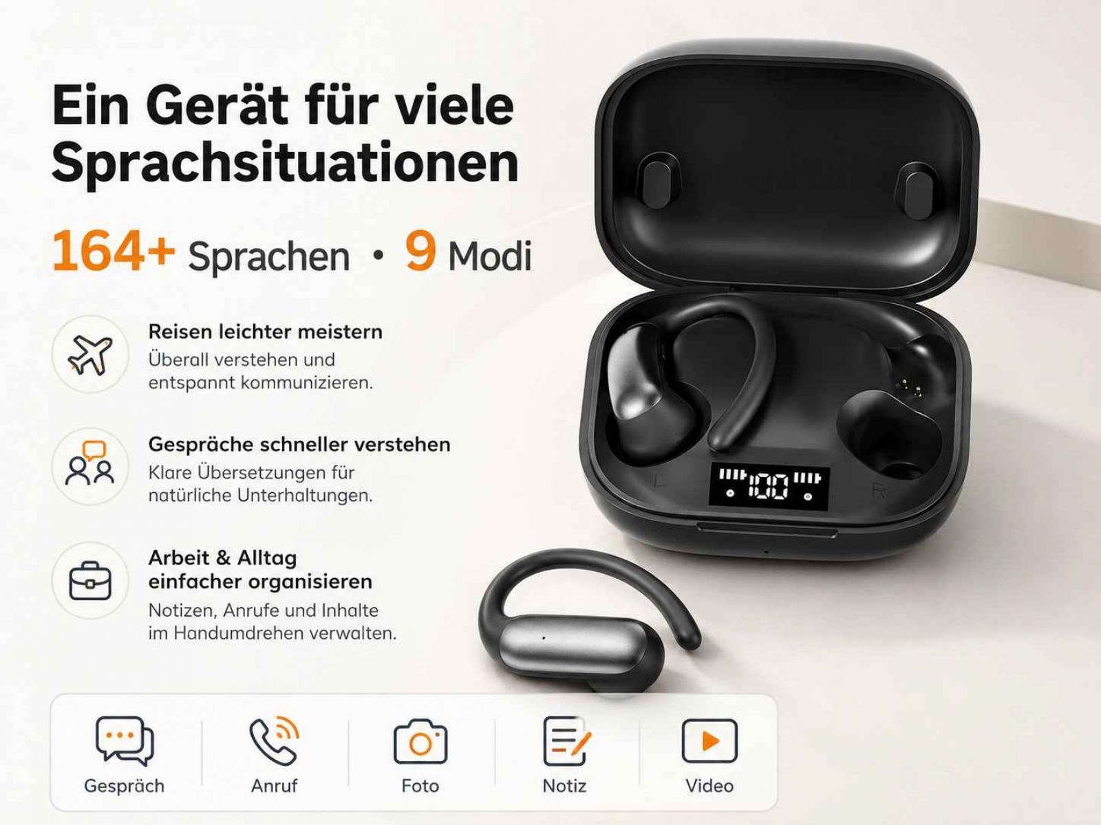 Ein offenes schwarzes Ladecase mit kabellosen Kopfhörern und deutscher Textwerbung für Sprachfunktionen.