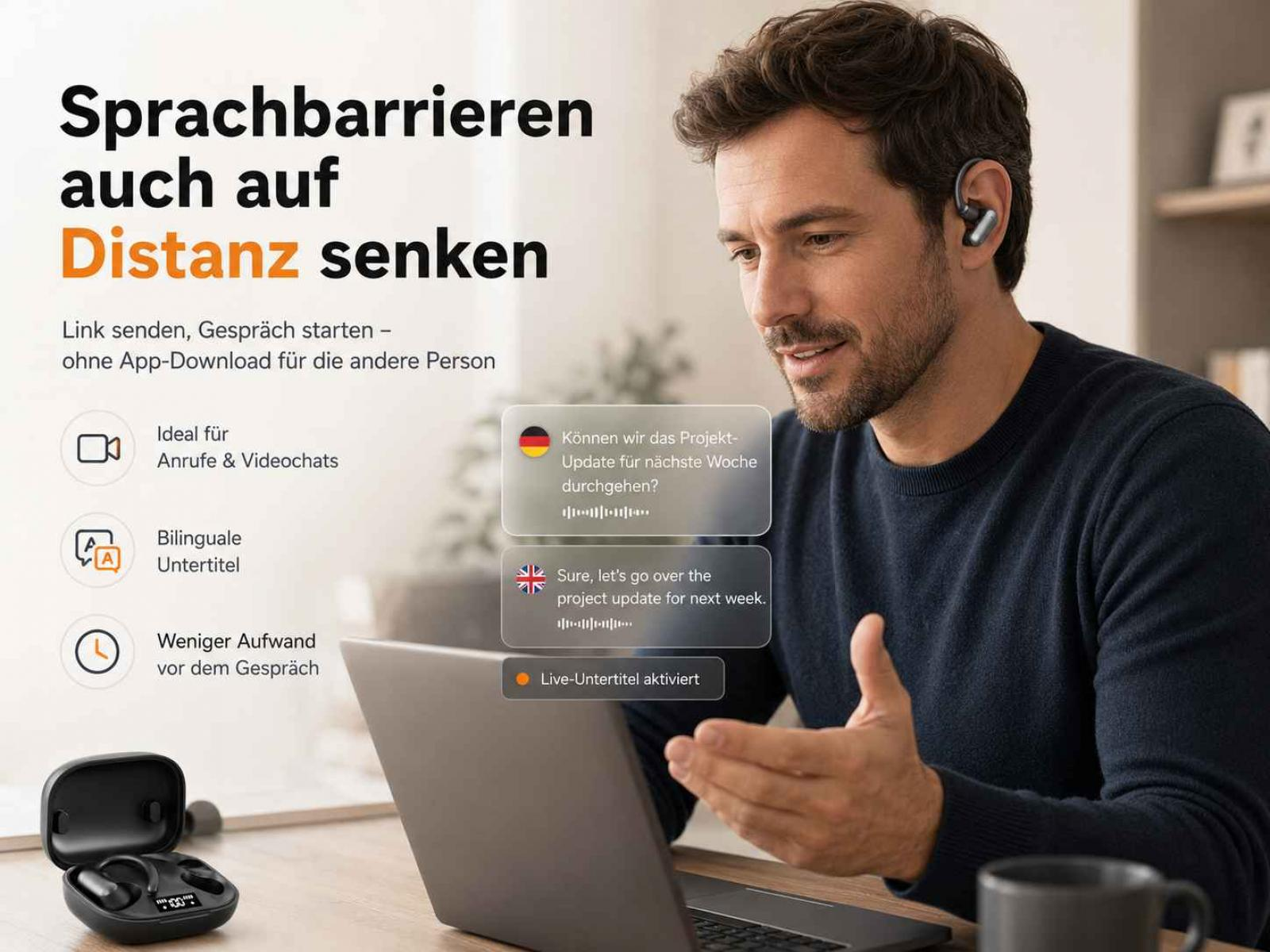 Ein Mann sitzt an einem Laptop und führt ein Videogespräch mit Live-Untertiteln.
