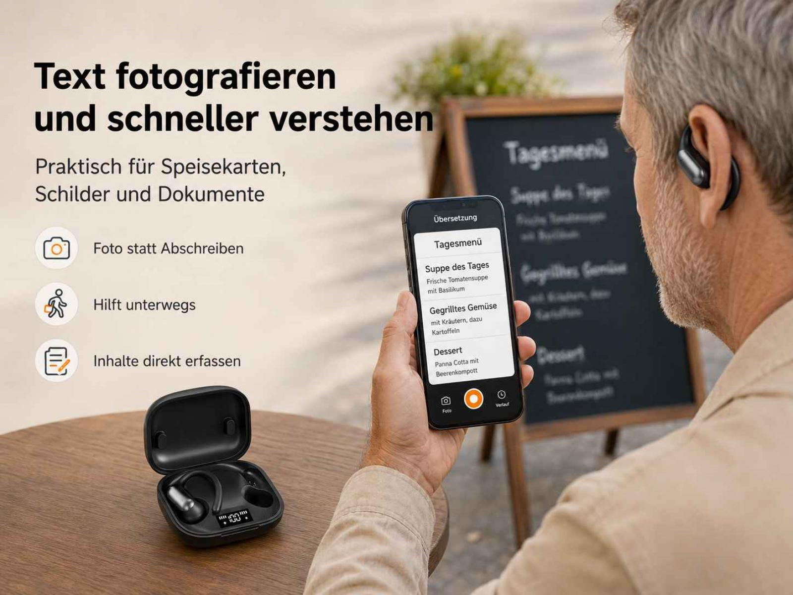 Ein Mann nutzt ein Smartphone, um ein Menü zu fotografieren, mit Texten und Ladecase im Vordergrund.