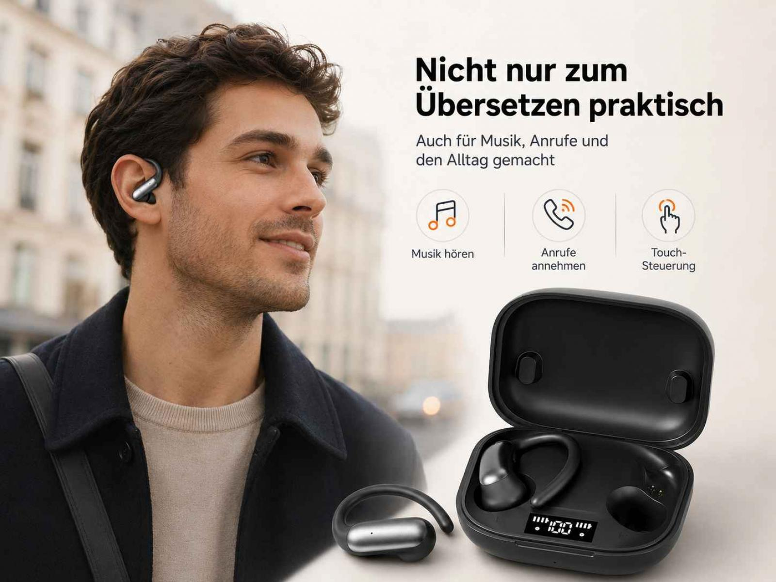 Ein Mann mit Ohrhörern, daneben Text und das Ladeetui.