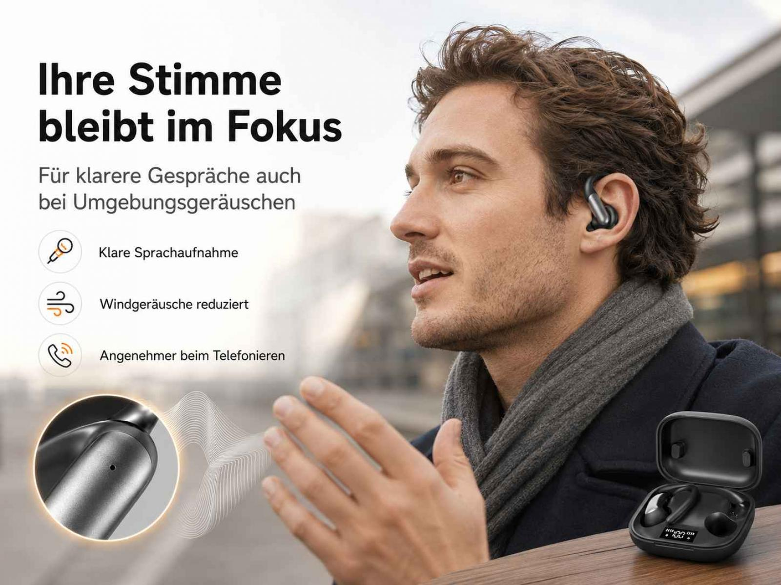 Ein Mann mit Kopfhörern im Ohr spricht, mit deutscher Produktwerbung im Hintergrund.
