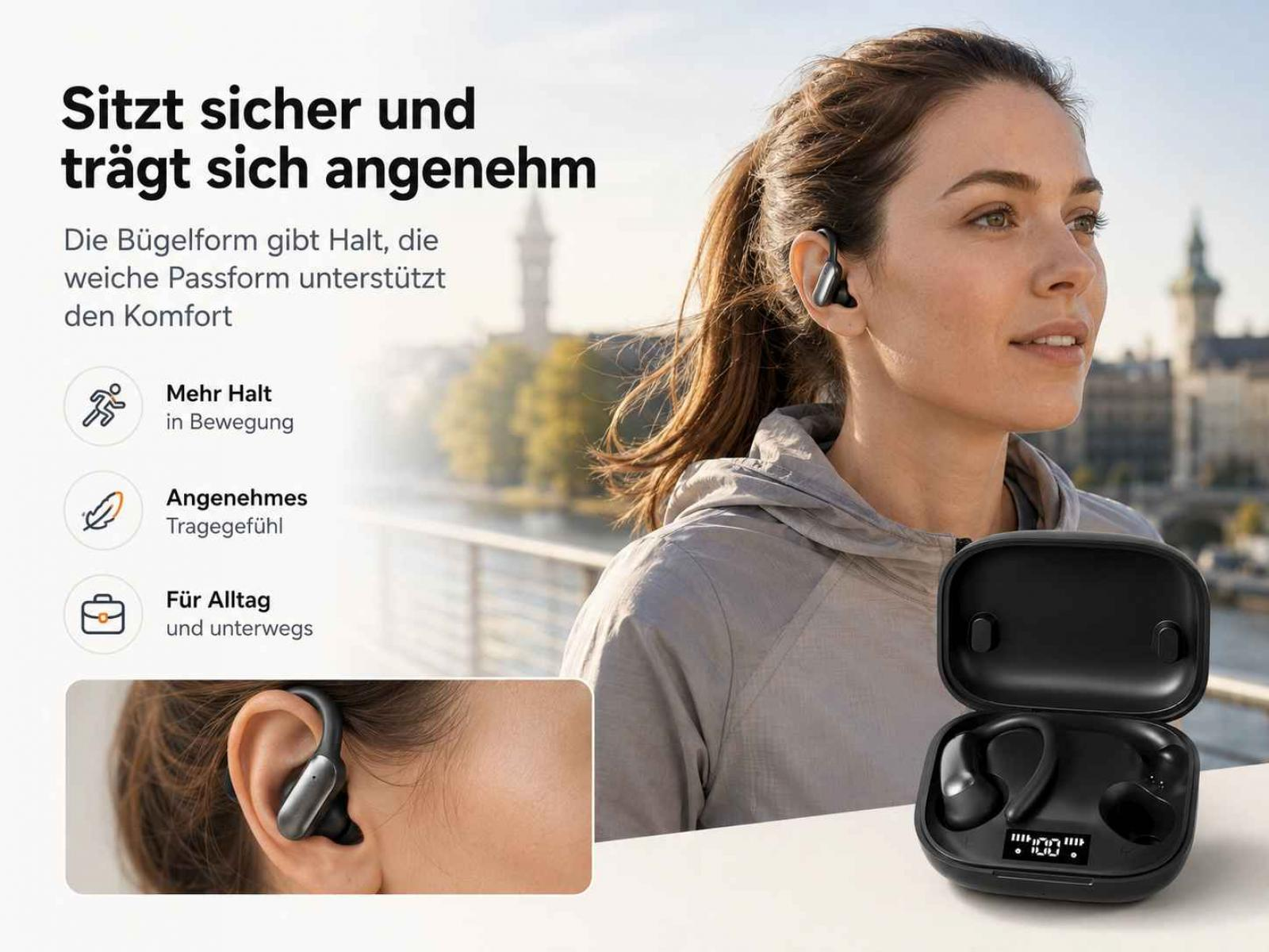 Frau trägt kabellose Sport-Ohrhörer mit Bügel, daneben das offene Ladecase mit Digitalanzeige.