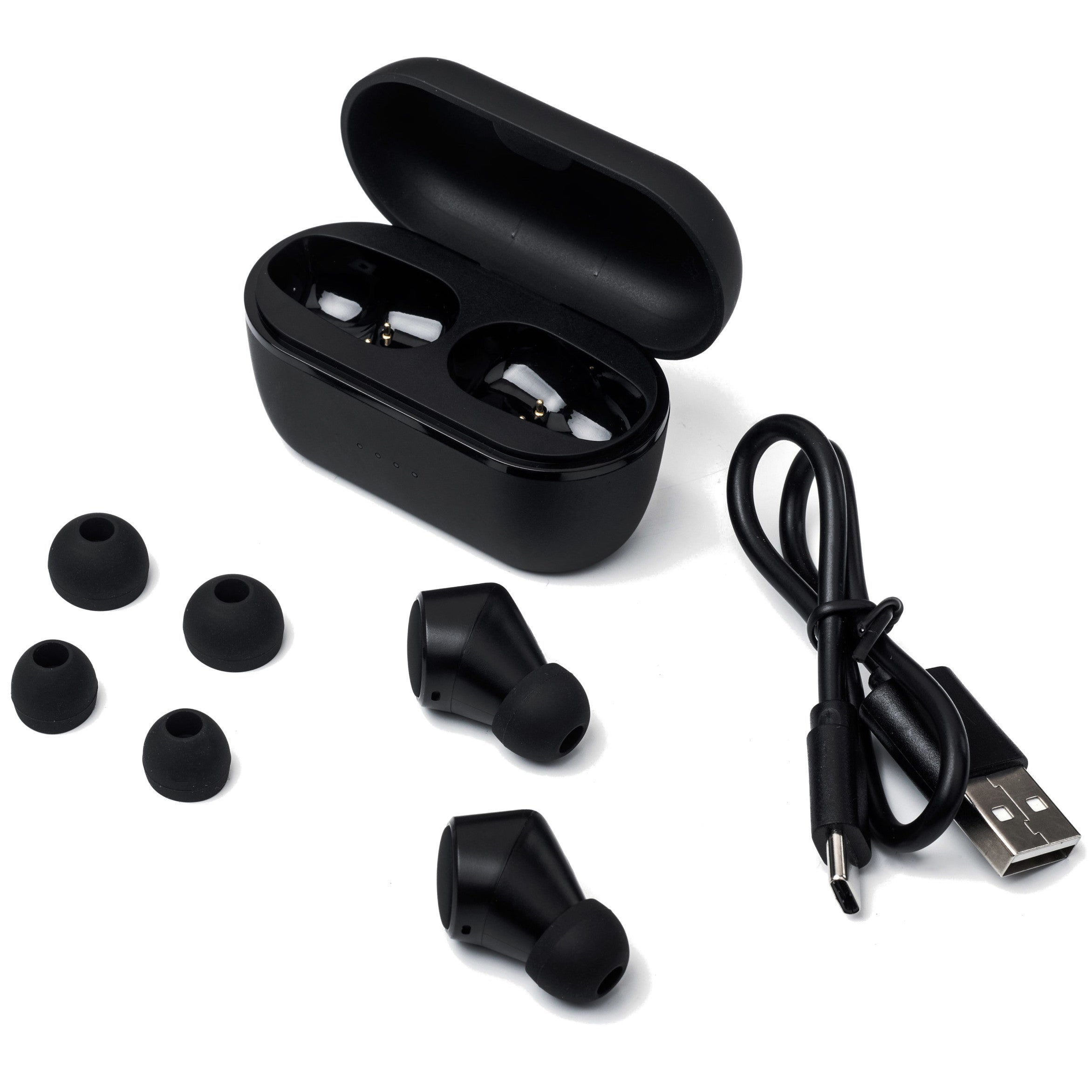 Auricolari wireless neri con custodia di carica, gommini extra e cavo su sfondo bianco.
