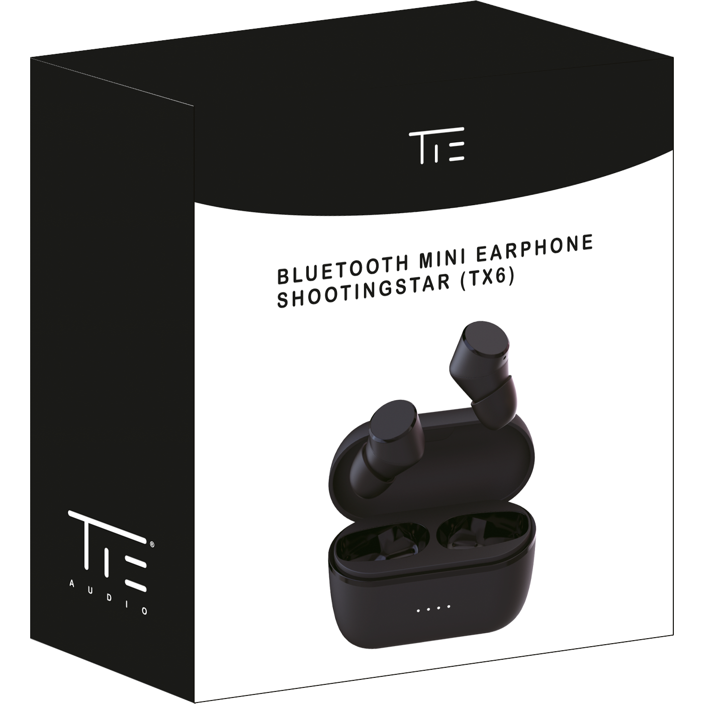 Scatola del prodotto nera per auricolari Bluetooth Mini Shootingstar (TX6) con custodia di ricarica.