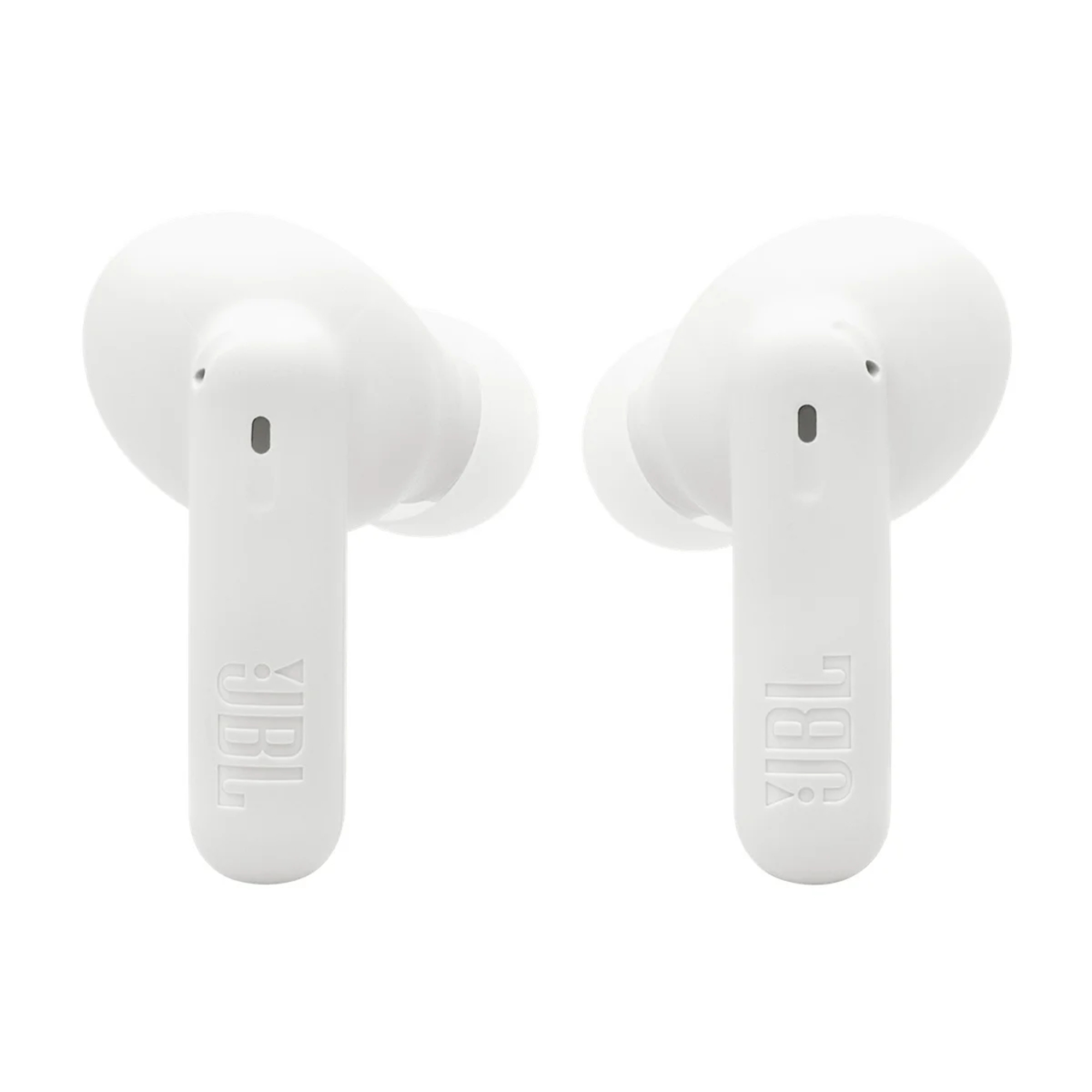 Due auricolari in-ear JBL bianchi in piedi su sfondo bianco.