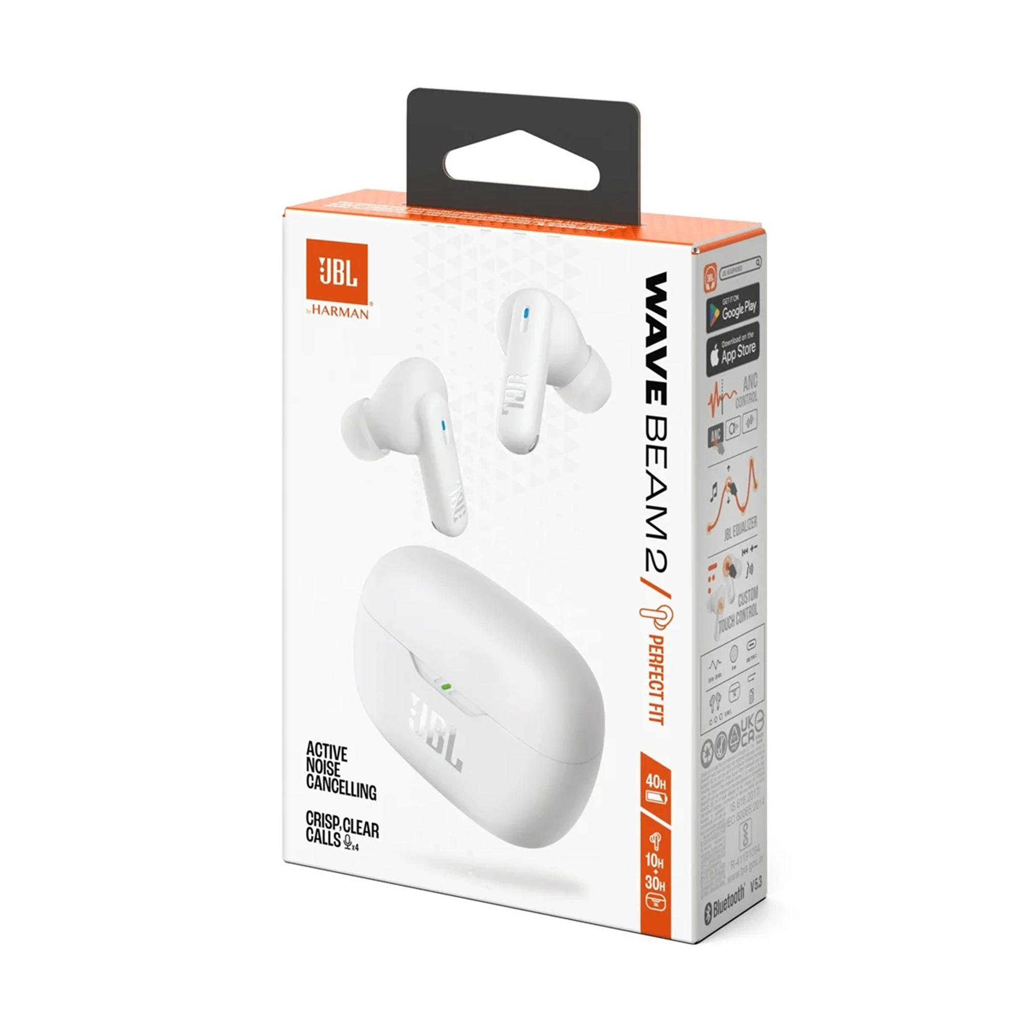 Confezione degli auricolari wireless JBL Wave Beam 2 in bianco, con custodia e dettagli del prodotto sulla scatola.