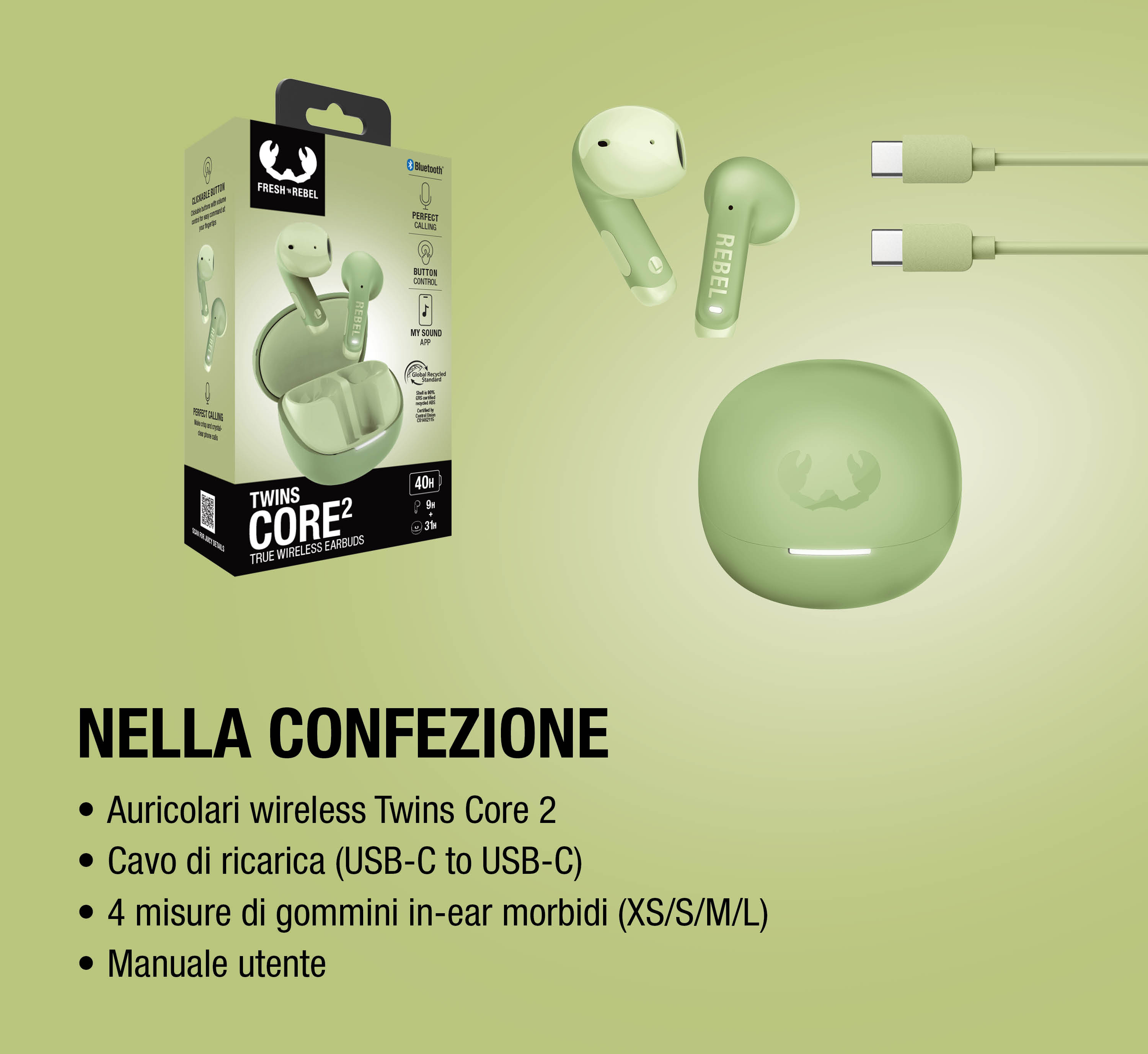 Auricolari wireless verdi Twins Core2 con custodia, cavo e confezione su sfondo verde.