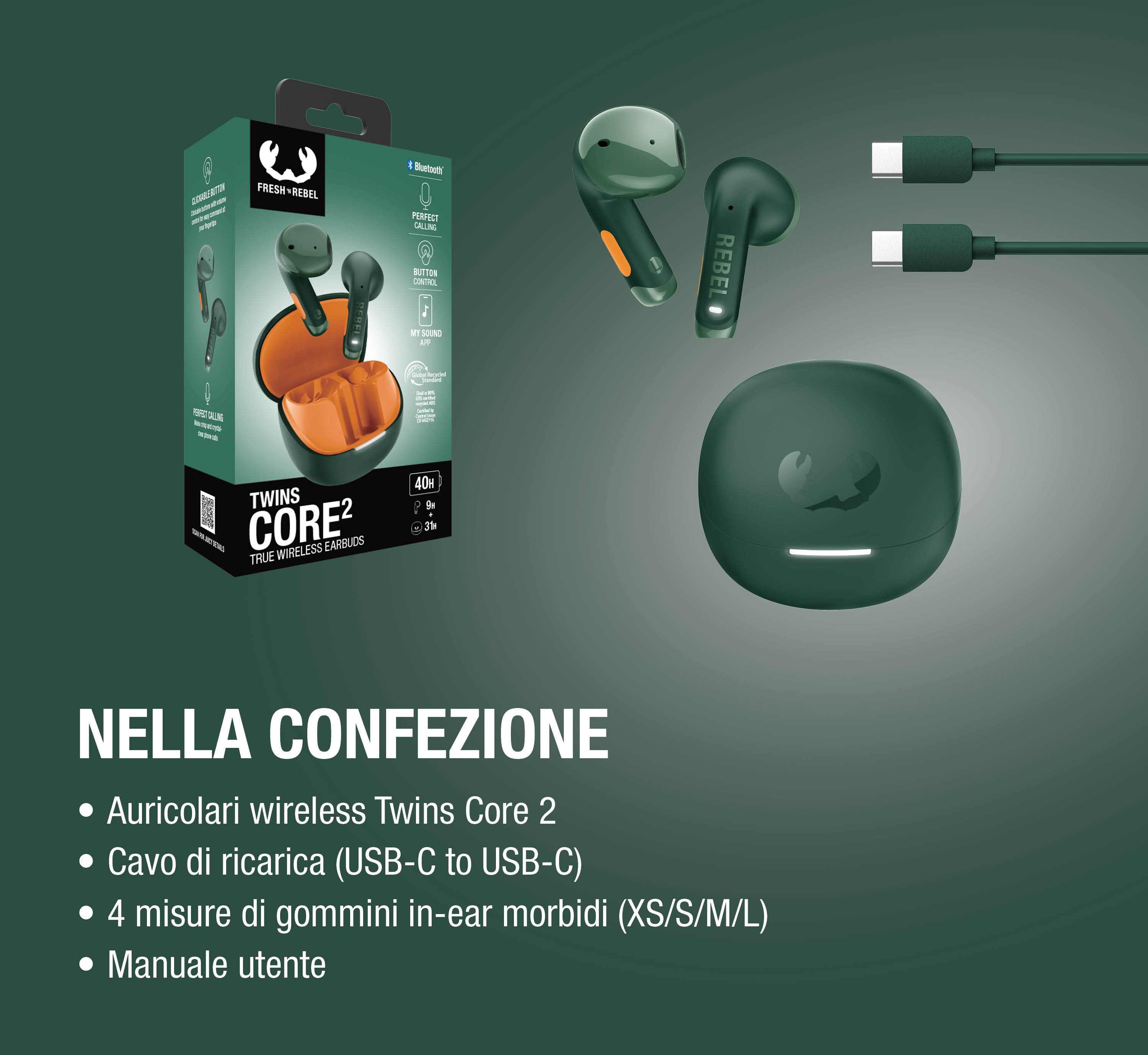 Auricolari wireless verdi Twins Core2 con custodia di ricarica, cavo USB-C e confezione, con elenco del contenuto in italiano.