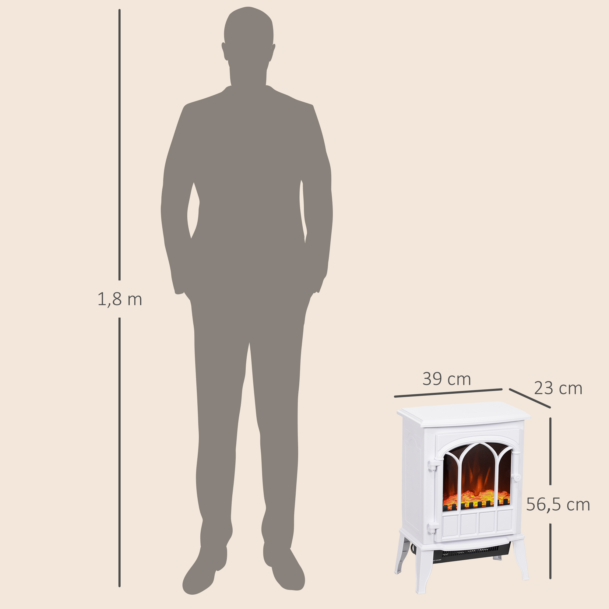 Comparación de tamaño de una estufa de chimenea eléctrica blanca junto a una silueta humana de 1,8 m.