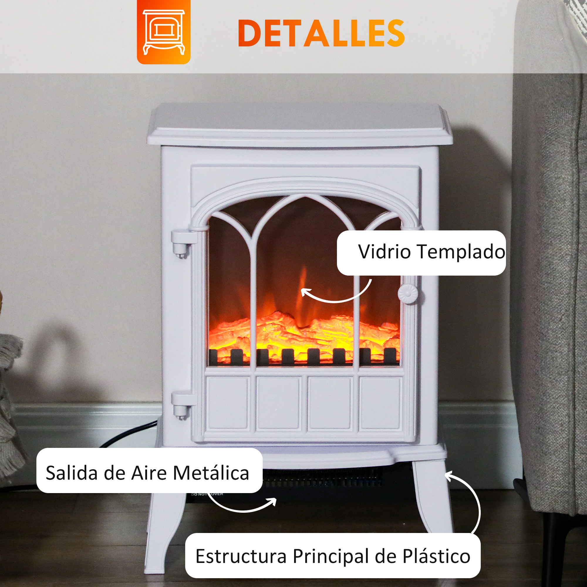 Estufa eléctrica blanca con efecto de fuego, mostrando detalles de vidrio templado y estructura.