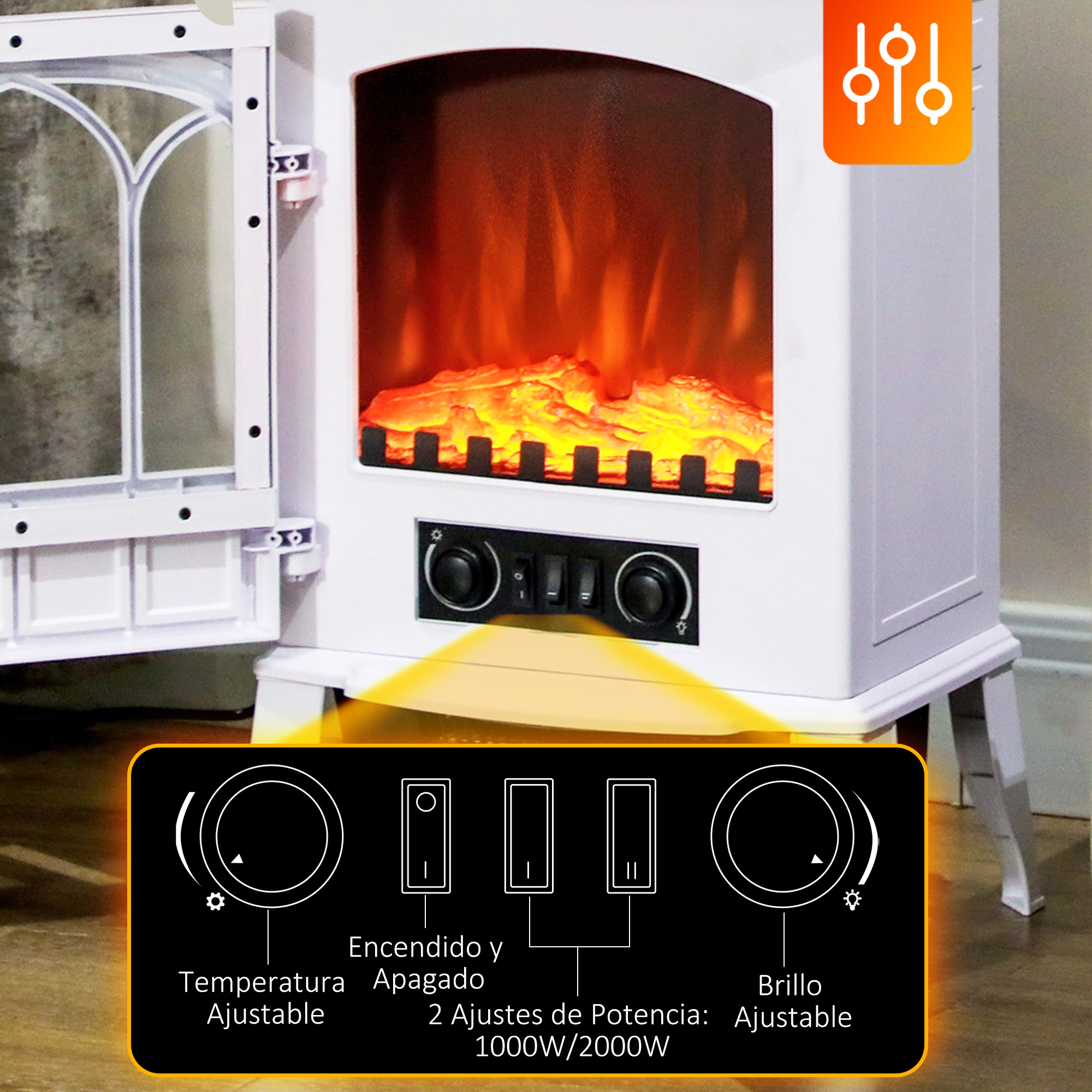Chimenea eléctrica blanca con efecto de llama y mandos para temperatura, potencia y brillo.