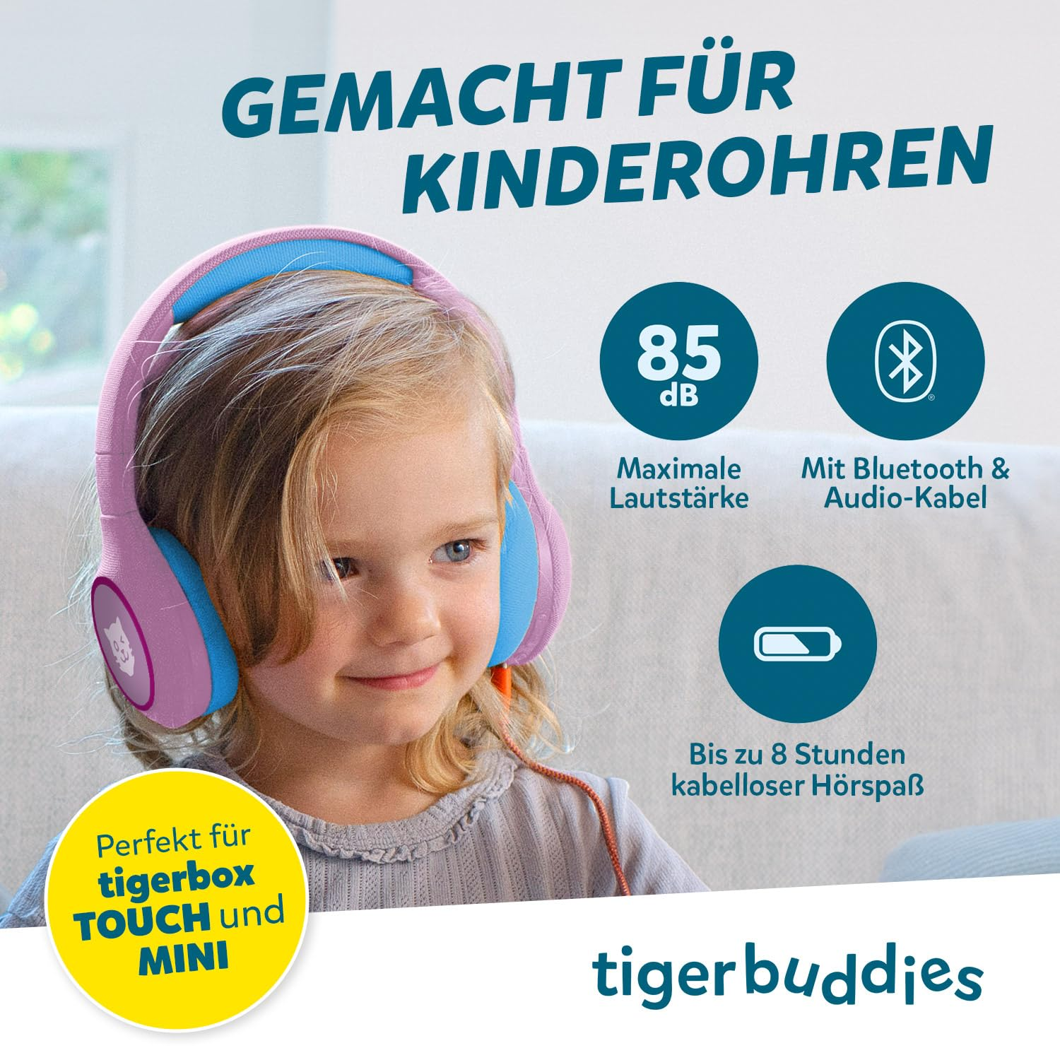 Bambino con cuffie rosa e blu tigerbuddies, con caratteristiche del prodotto.