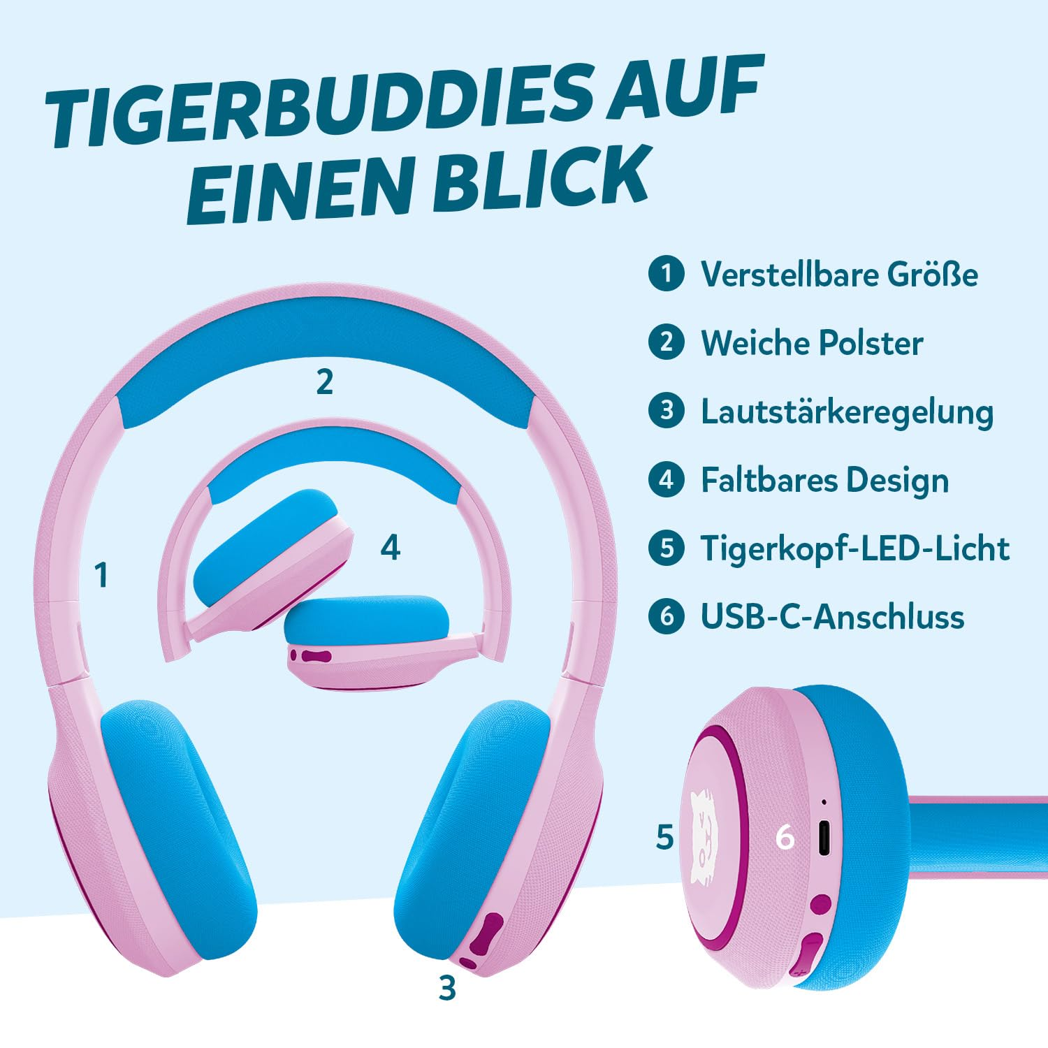 Cuffie per bambini rosa e blu con caratteristiche numerate.