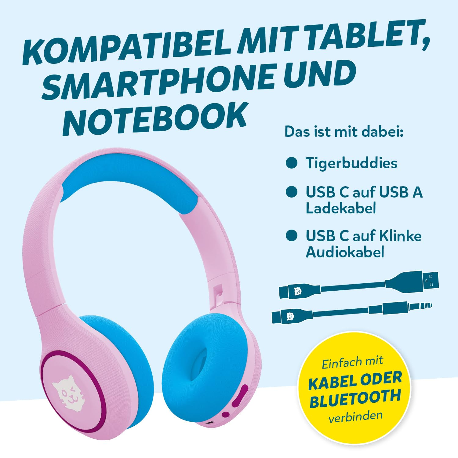 Cuffie per bambini rosa e blu con logo gatto, cavo di ricarica, cavo audio e testo.