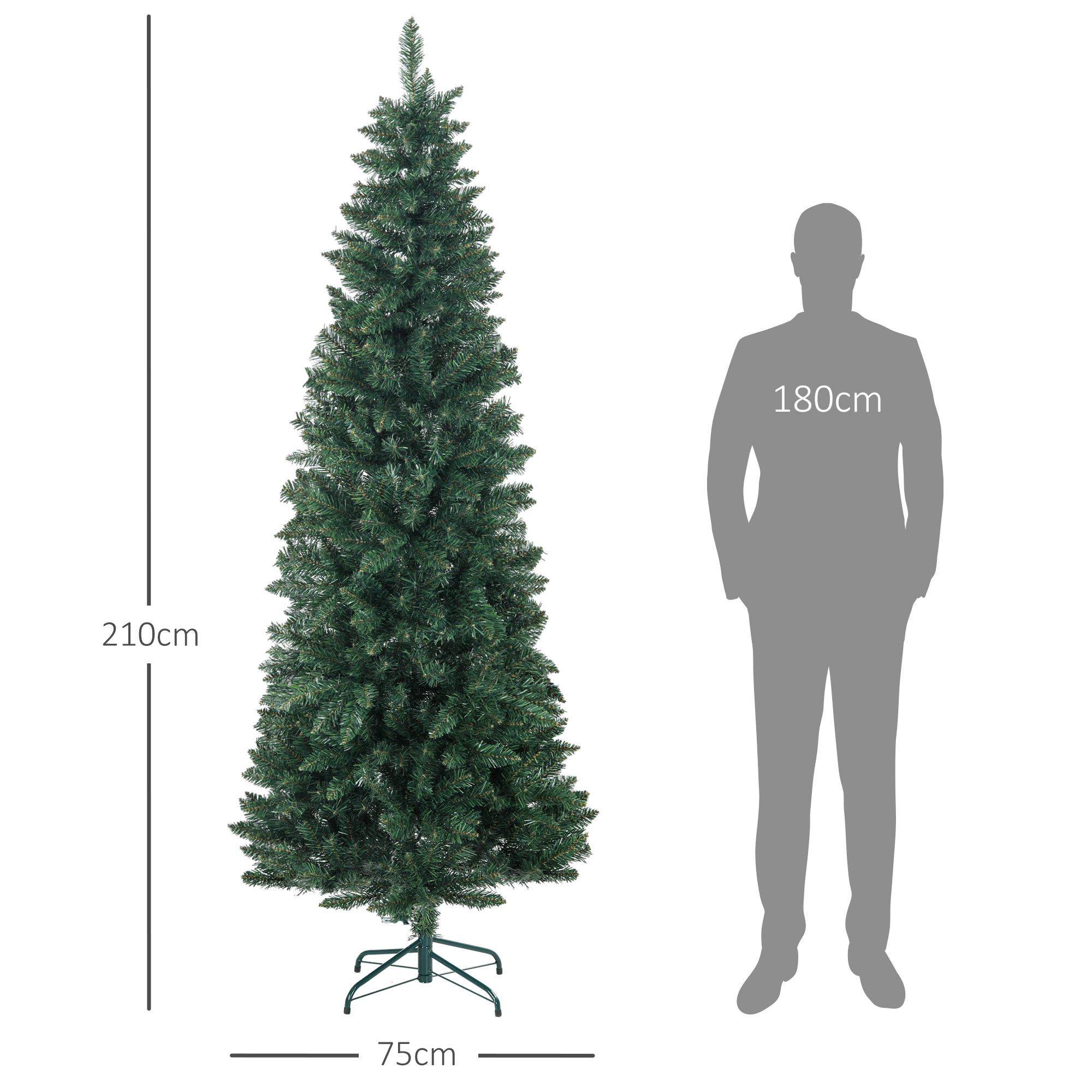 Un árbol de Navidad artificial de 210 cm junto a una silueta humana gris de 180 cm.
