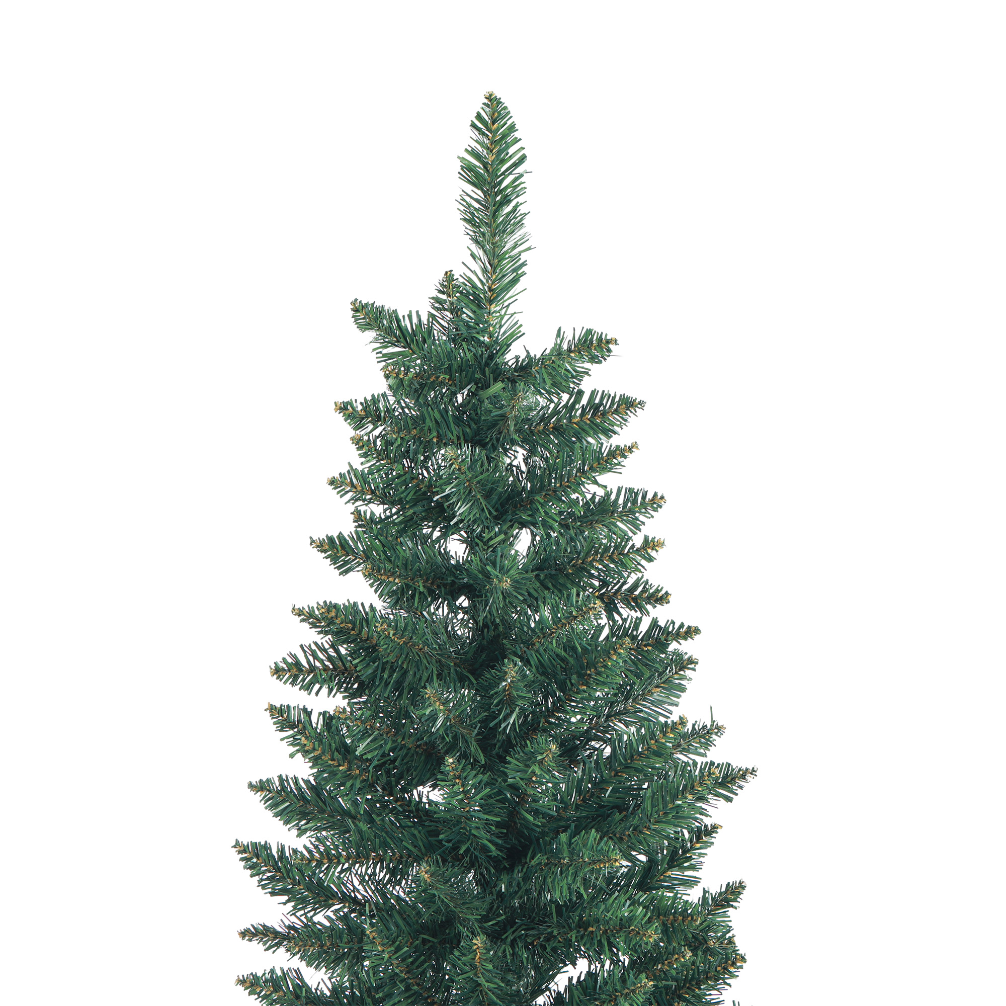 La parte superior de un árbol de Navidad artificial verde sobre fondo blanco.