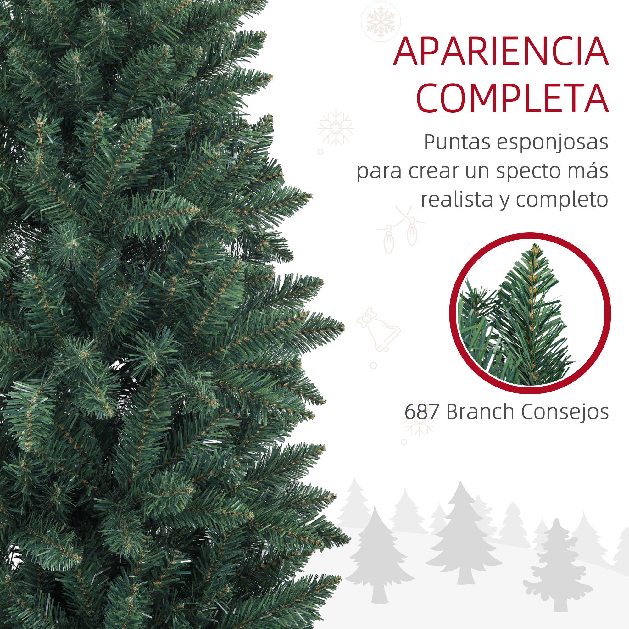 Árbol de navidad artificial verde con detalle ampliado y texto sobre puntas esponjosas.