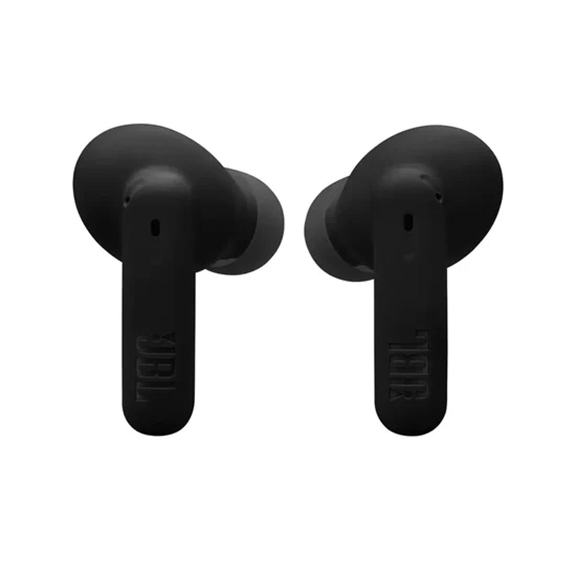 Due auricolari wireless JBL neri su sfondo bianco.