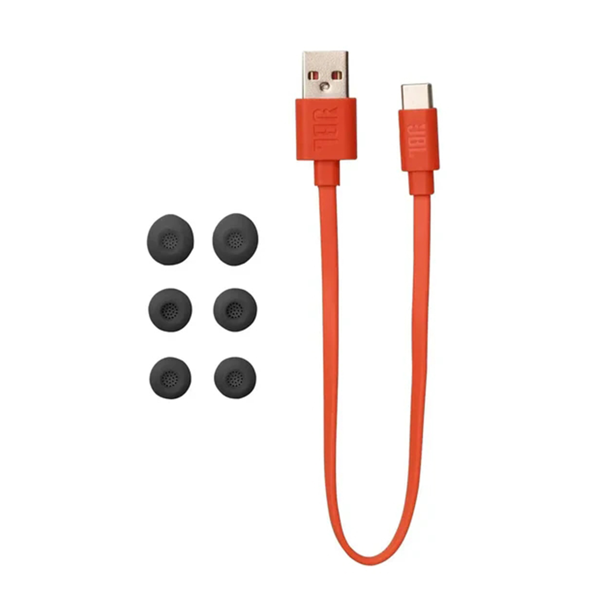 Un cavo di ricarica USB arancione con estremità USB-A e USB-C, accompagnato da sei gommini auricolari grigi.