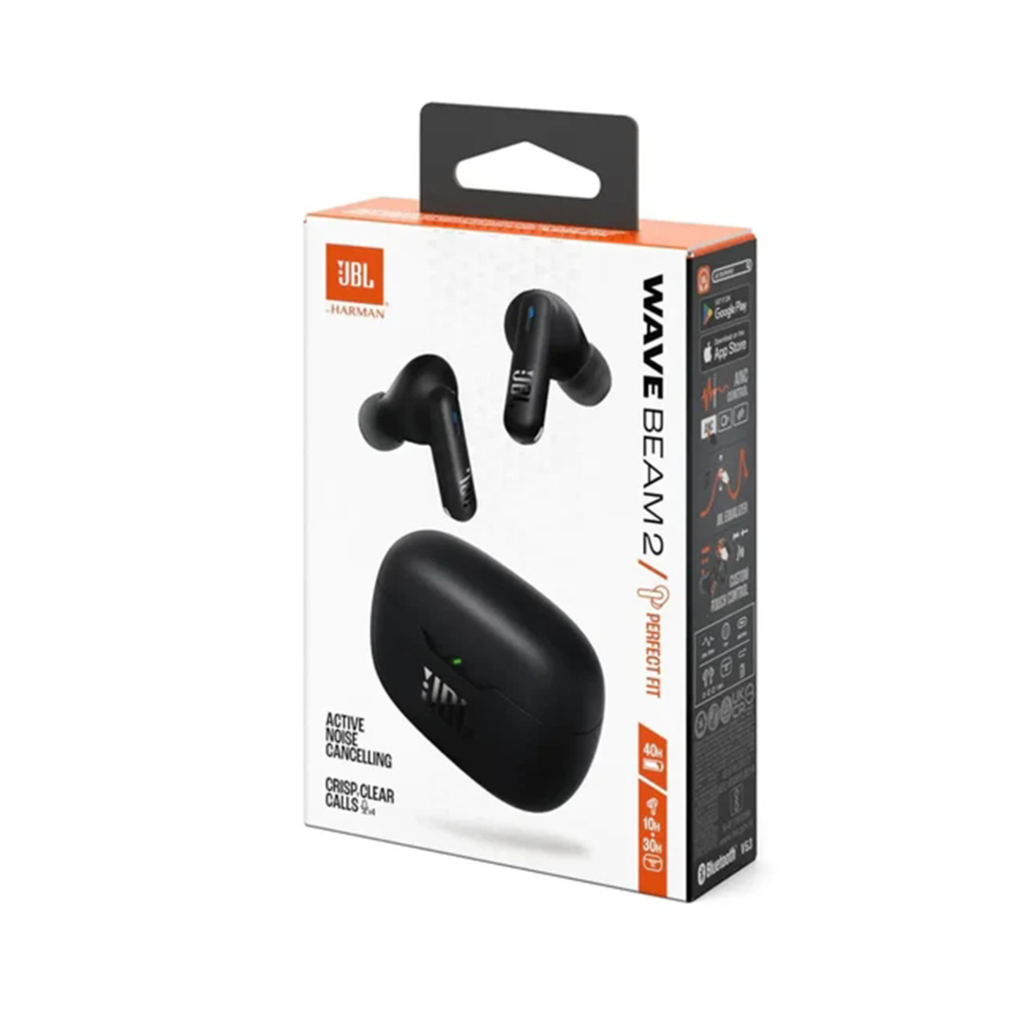 Confezione JBL Wave Beam 2 con custodia di ricarica e auricolari.