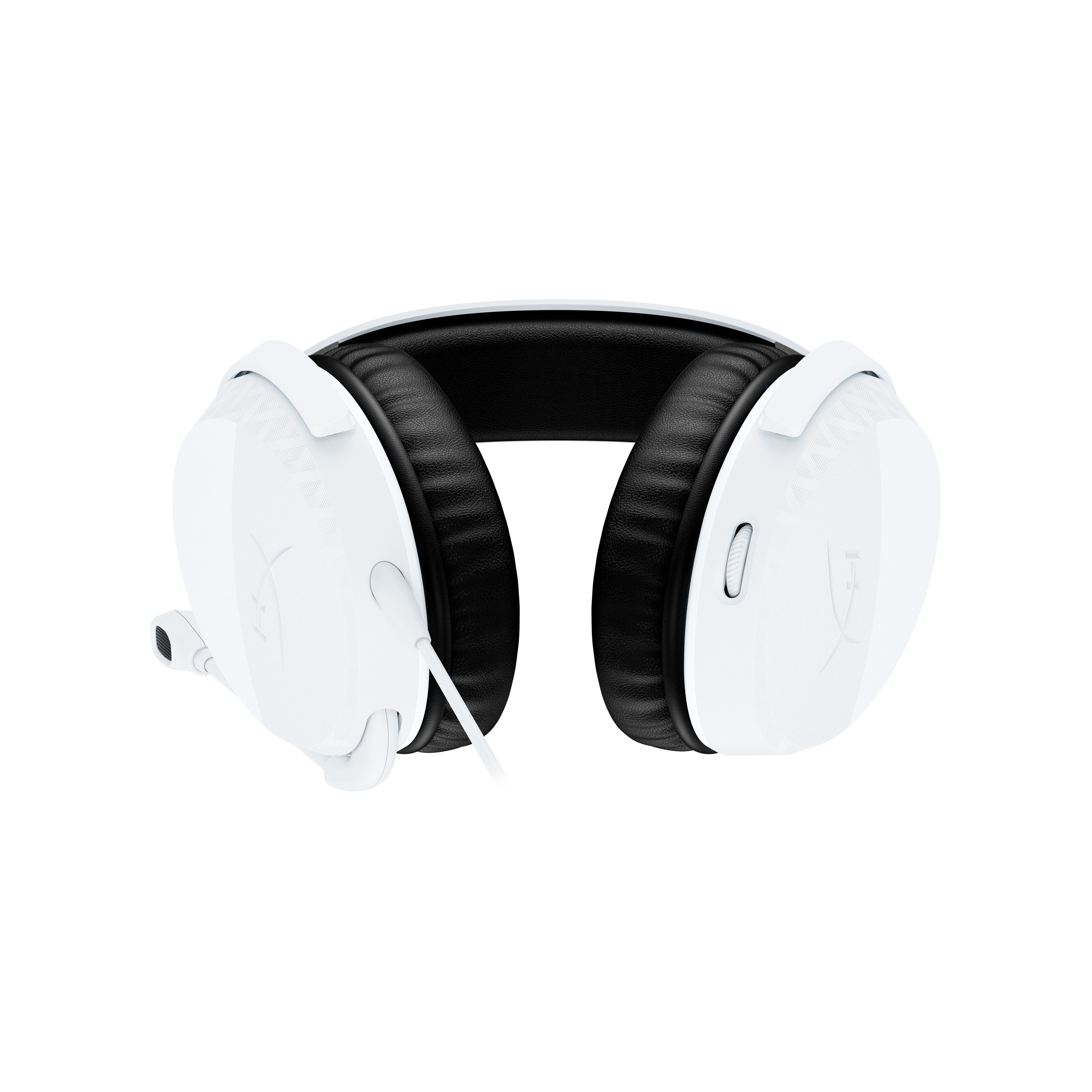 Cuffie over-ear bianche con imbottitura nera sull'archetto e sui padiglioni, e microfono.