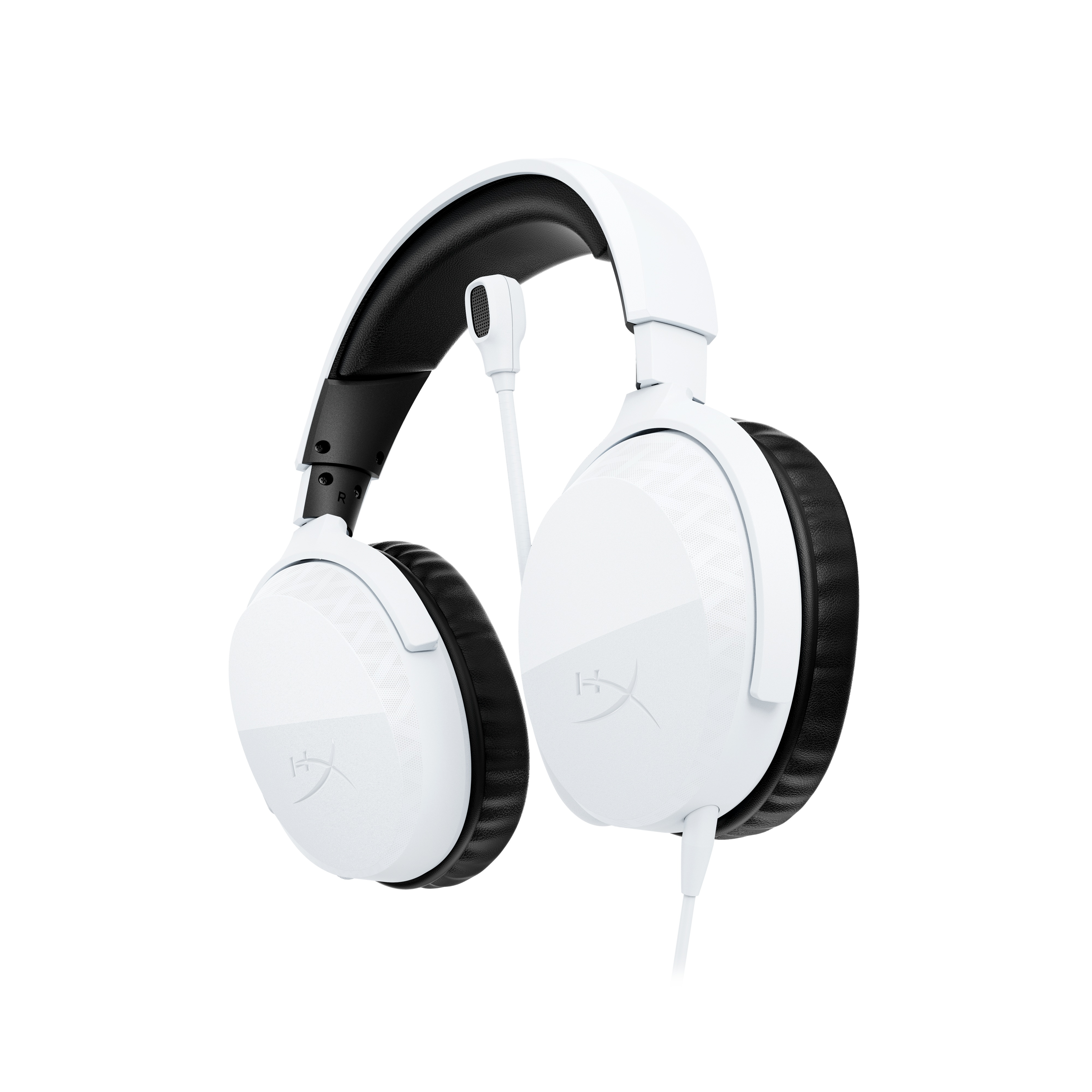 Cuffie da gioco bianche e nere con microfono collegato su sfondo bianco.