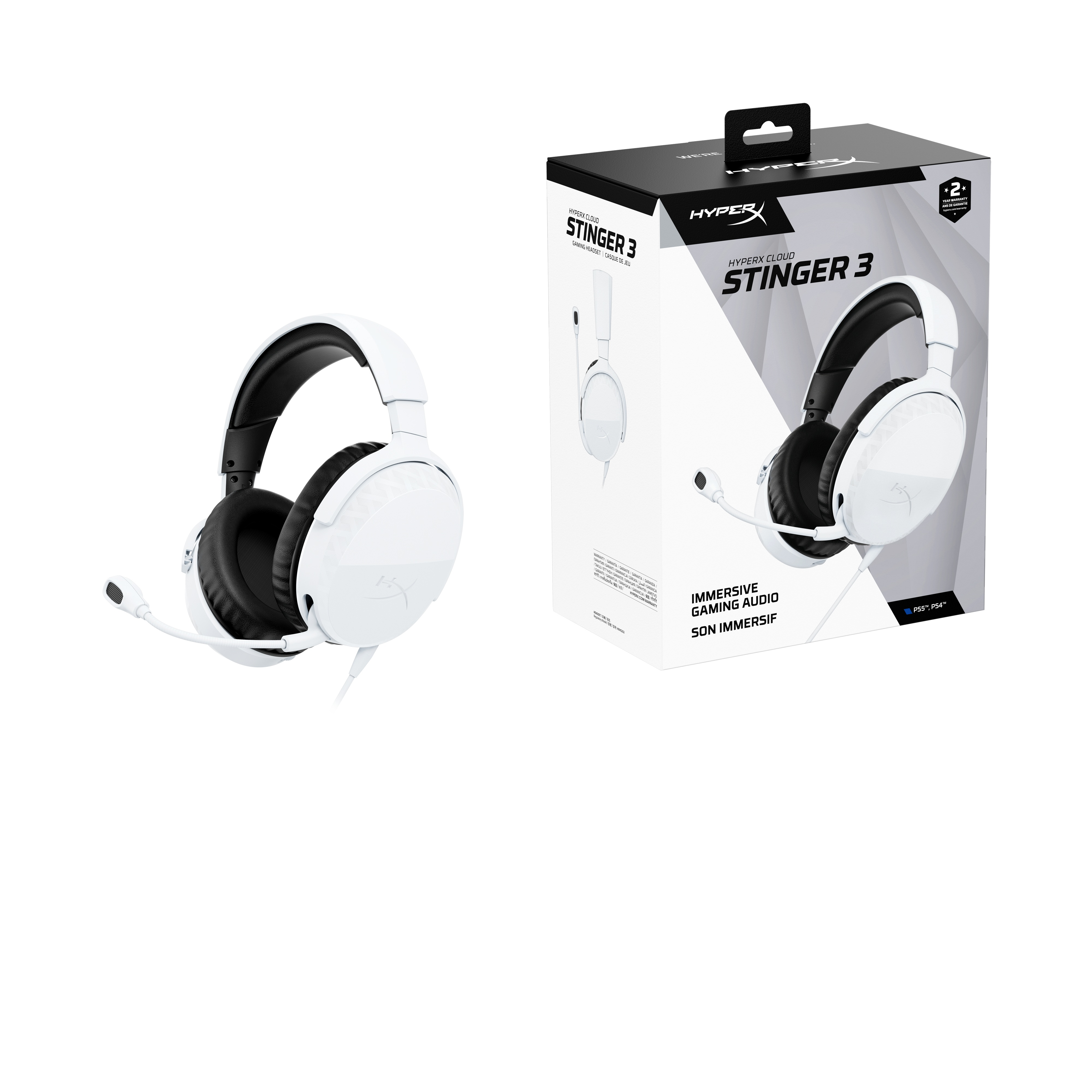Cuffie da gioco bianche HyperX Cloud Stinger 3 con scatola di imballaggio in bianco e nero.