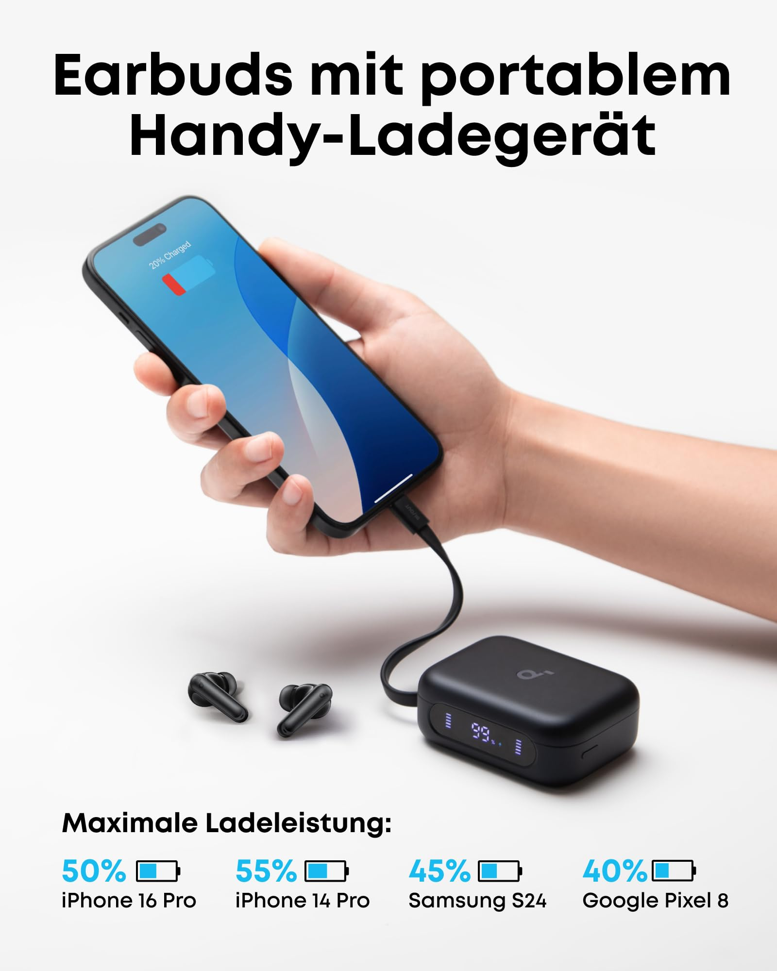 Un smartphone est chargé par un boîtier de charge, avec deux écouteurs noirs à proximité.