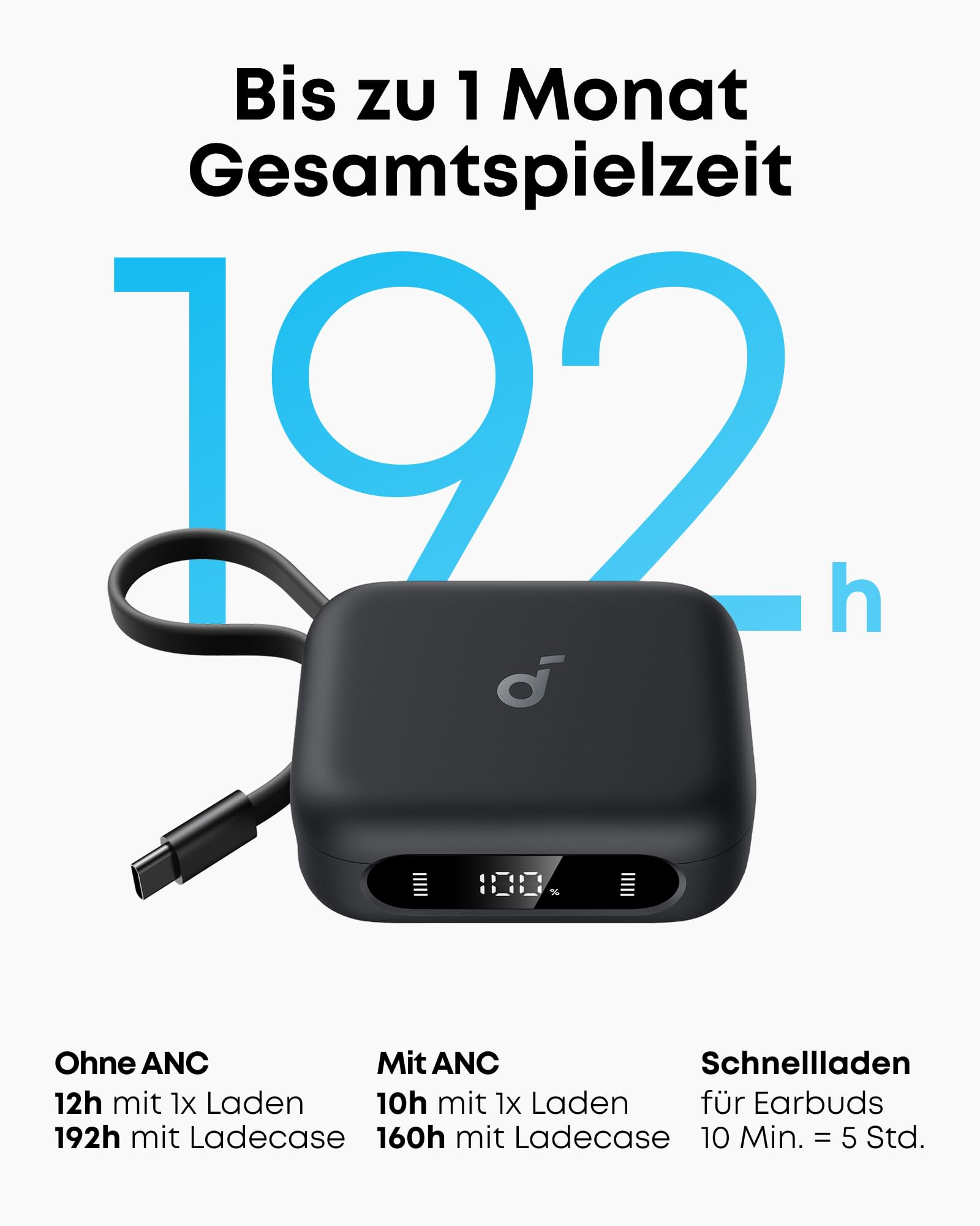 Boîtier de charge Soundcore noir avec écran numérique devant le texte bleu 192h.