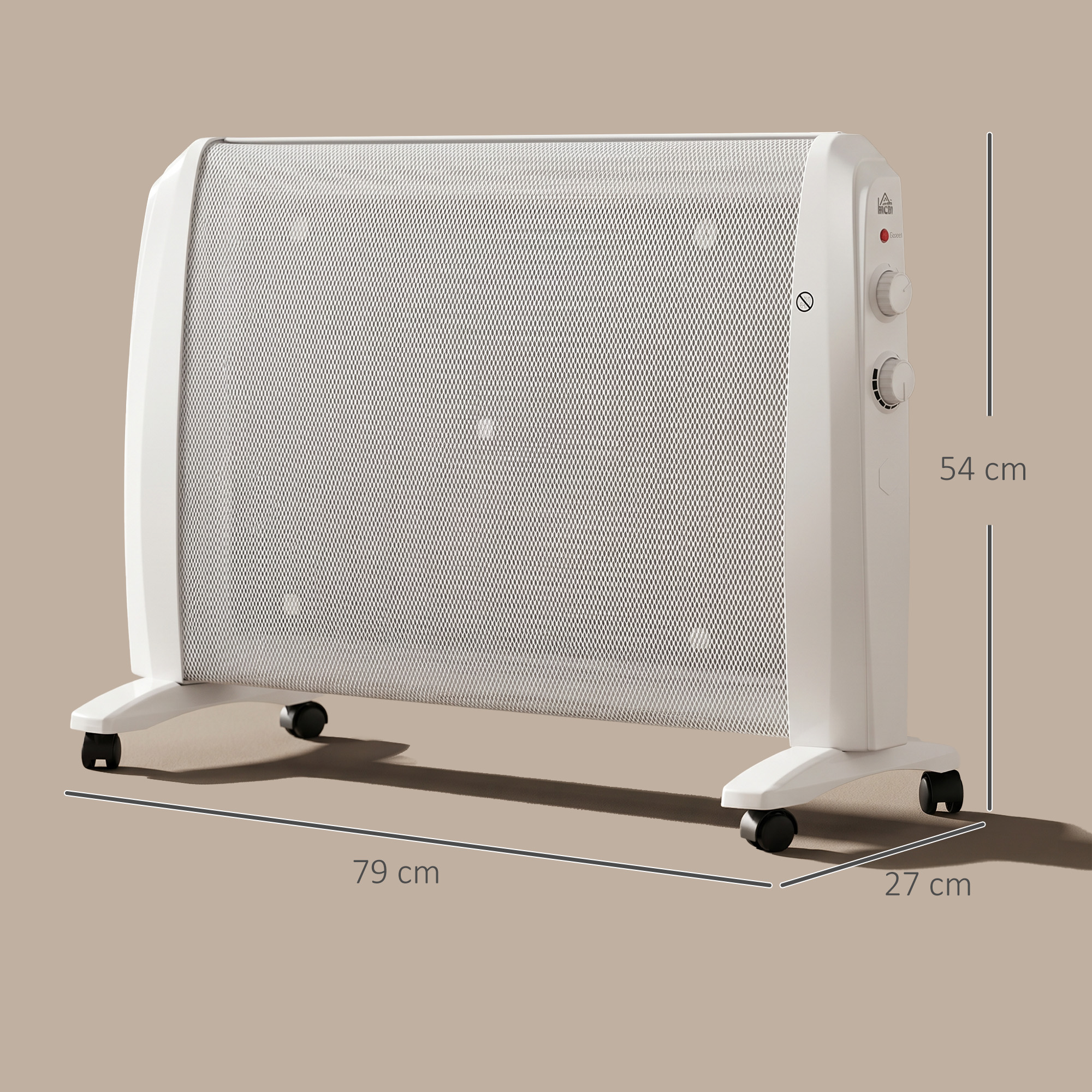 Calefactor de convección blanco con ruedas y mandos, dimensiones 79x27x54 cm.