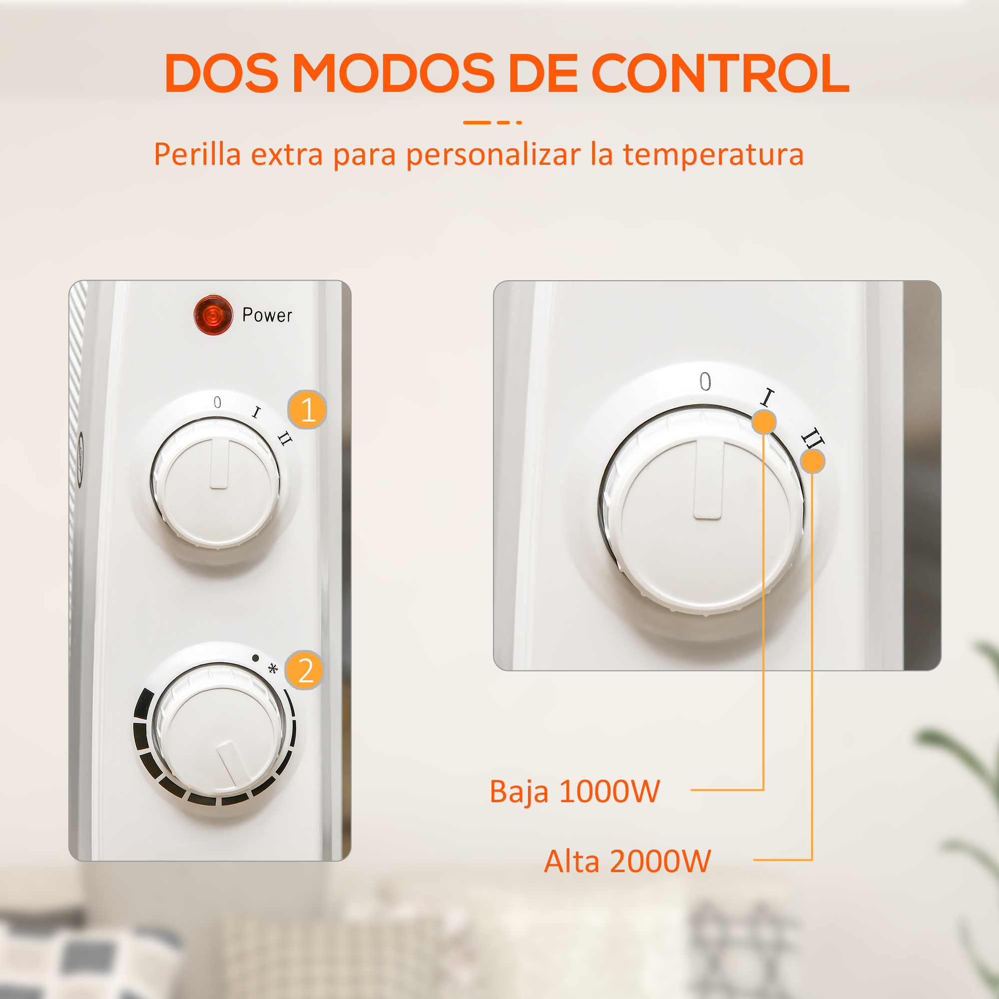 Dos mandos blancos en un calefactor con LED de encendido y ajustes para 1000W y 2000W.